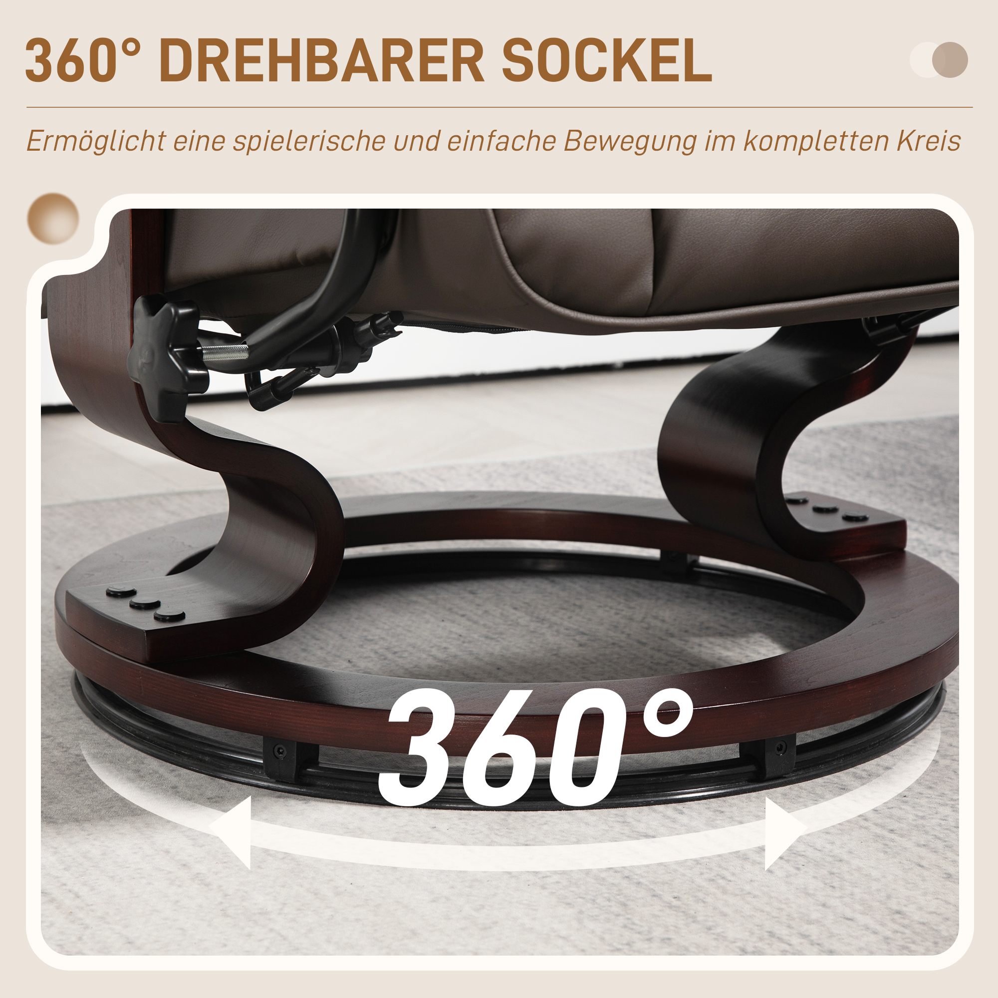 Relaxsessel mit Hocker, drehbar & neigbar, Kunstlederbezug, bis 150 kg, Holzgestell, Braun