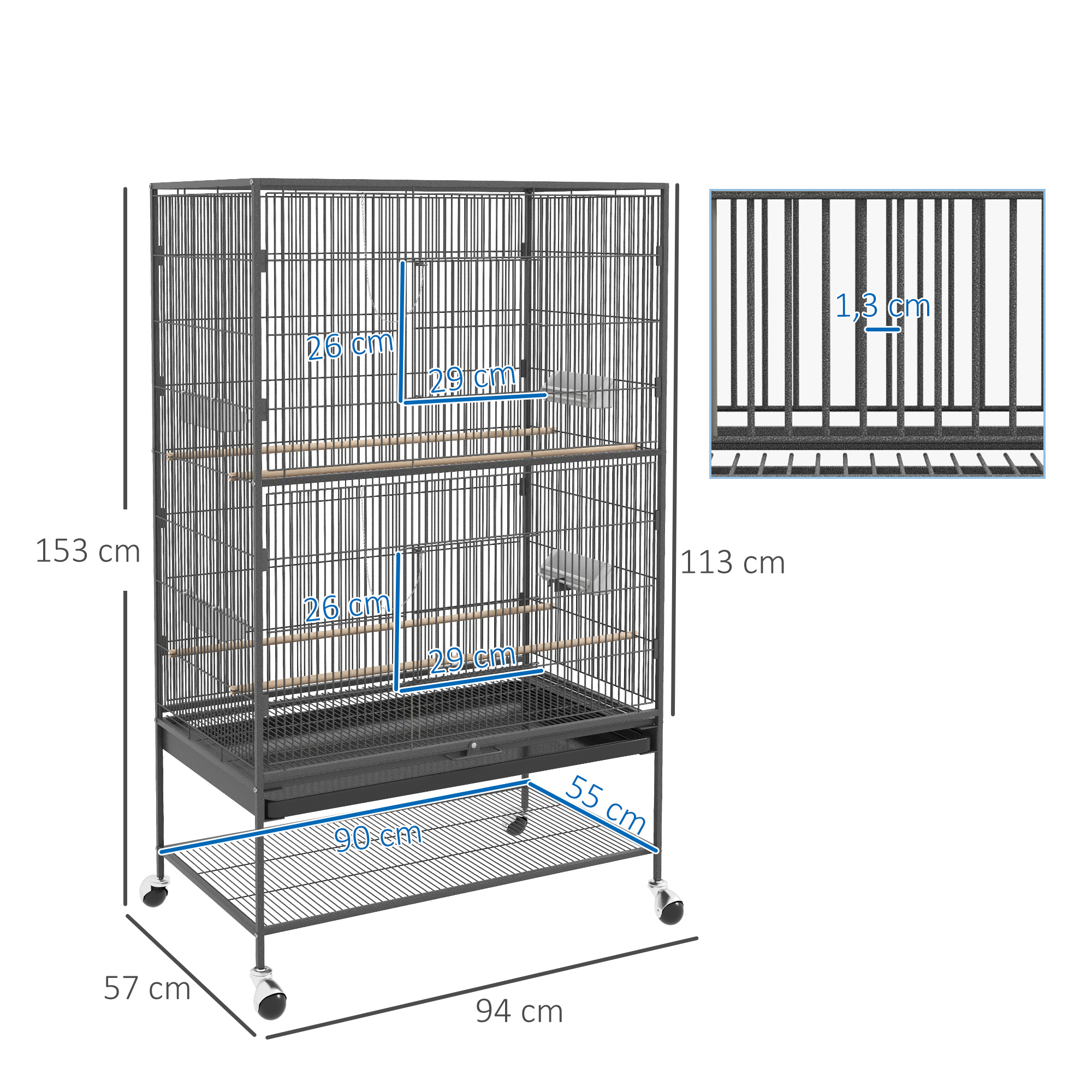 Vogelkäfig inklusive Sitzstangen, Vogelspielzeug, herausnehmbare Bodenwanne, 1 Ablage, Grau