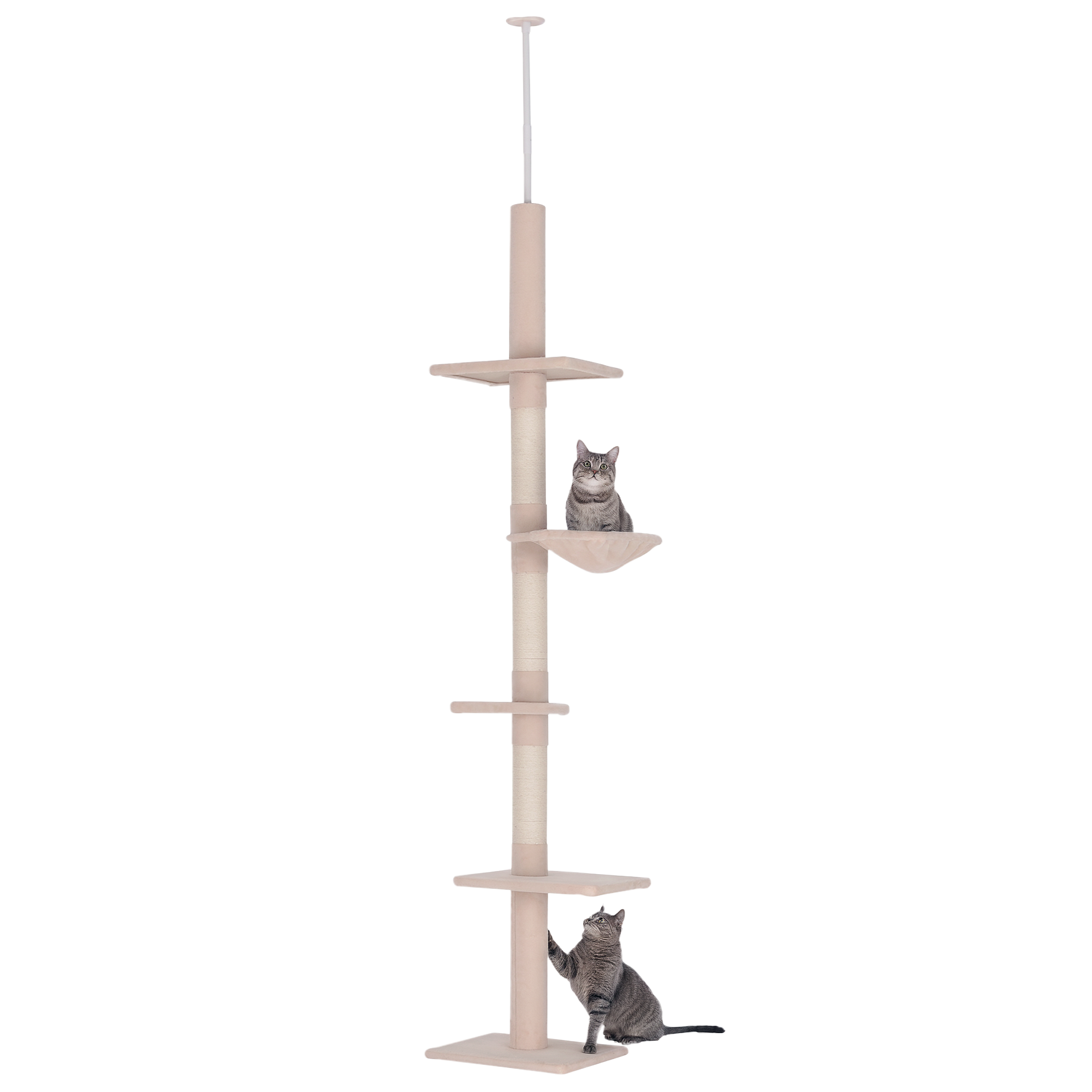 Kratzbaum Deckenhoch höhenverstellbar, stabiler Katzenbaum mit Sisalsäulen, Katzen Kletterbaum, Beige, 40 x 34 x 230-260 cm