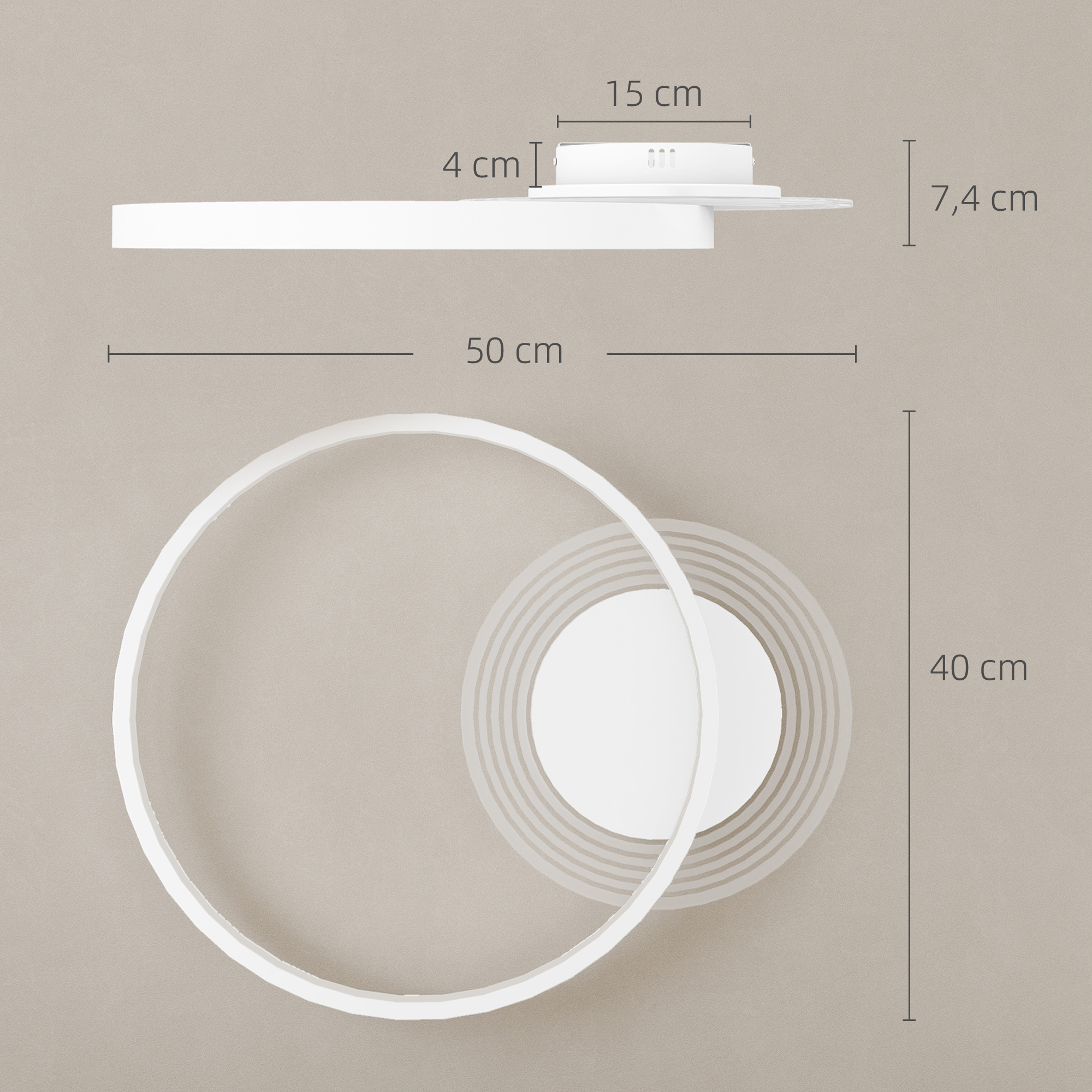 Deckenlampe, Deckenleuchte mit Zwei-Ring-Design, Rund 50 x 40 x 7,4 cm, Weiß