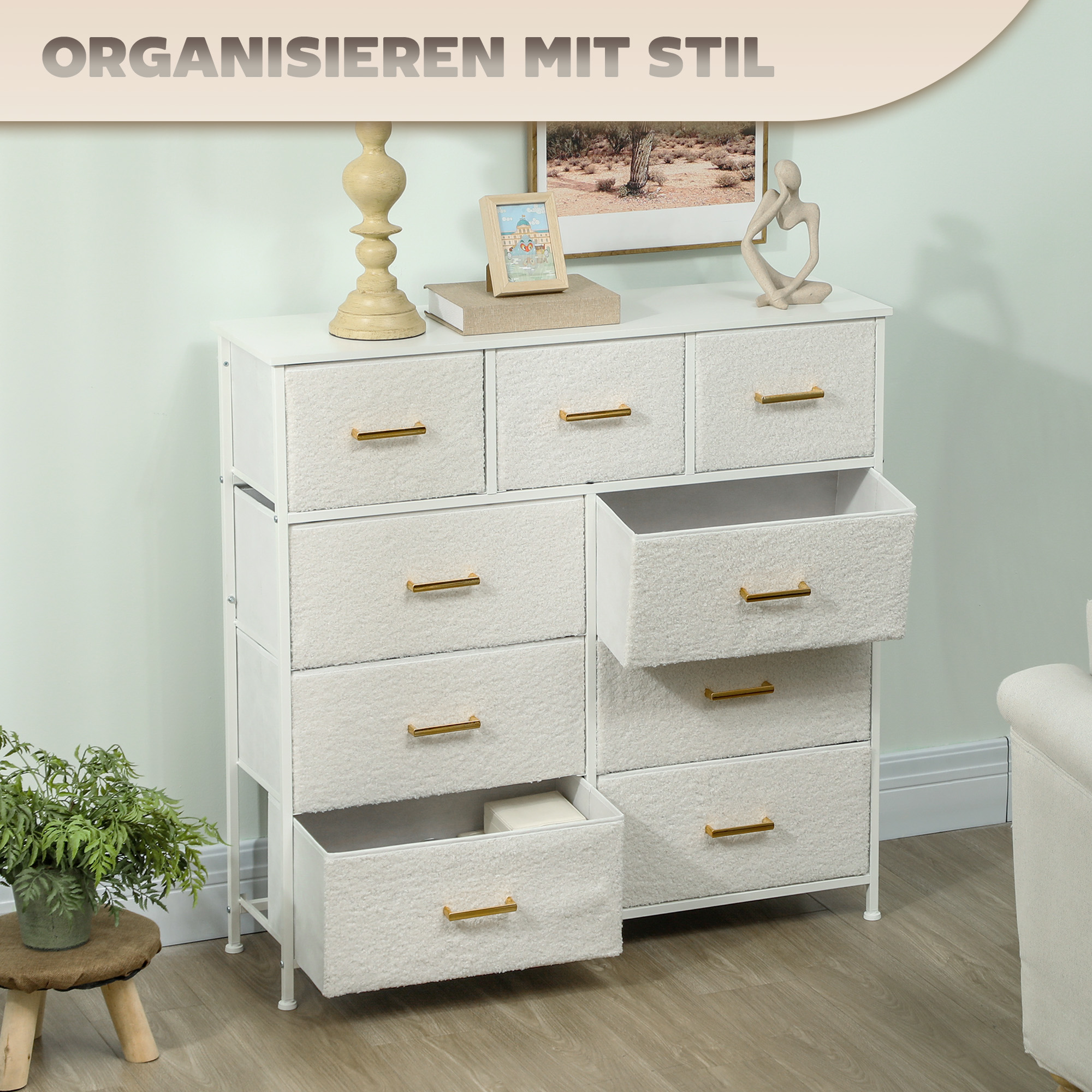 Stoffkommode, 9 Schubladen, Stahlrahmen, elegant, vielseitig, Weiß