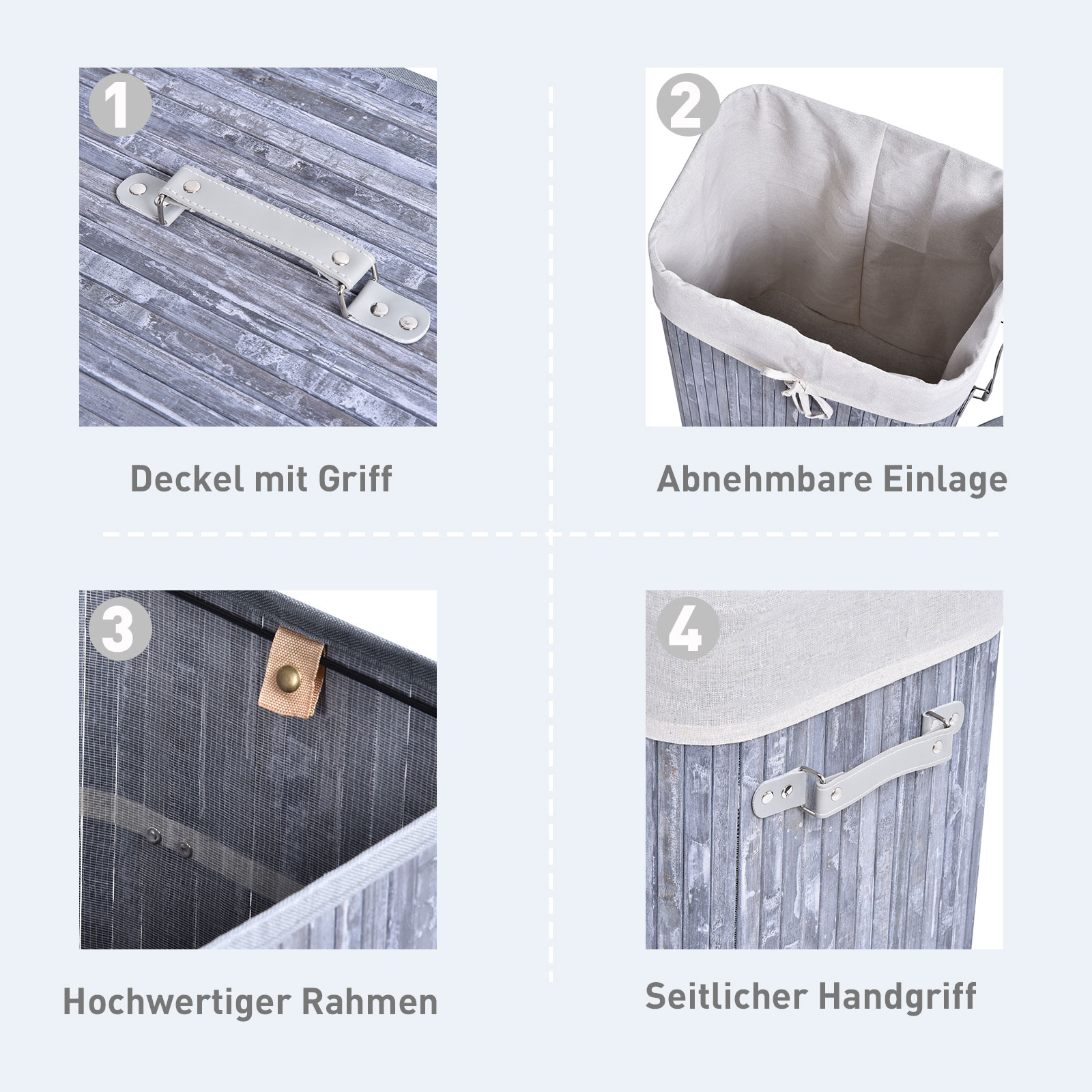 Wäschekorb schmal mit Deckel 72L Wäschesammler mit Griff, herausnehmbarer Wäschesack, Wäschebox für Waschküche Schlafzimmer Badezimmer, Grau