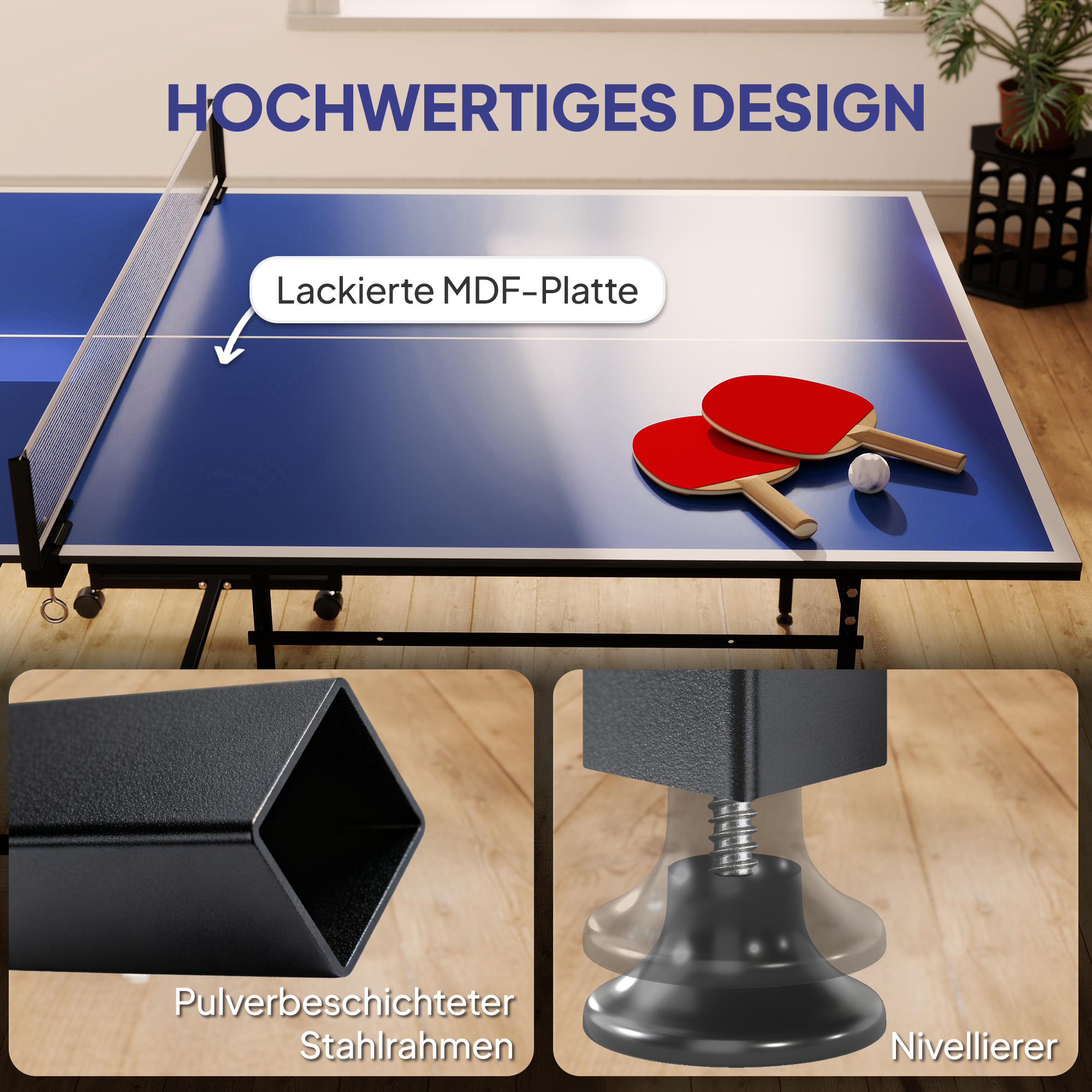 Tischtennisplatte, klappbar, mobil, 2 Schläger, 3 Bälle, Metallrahmen, 274x152,5x76 cm, Blau