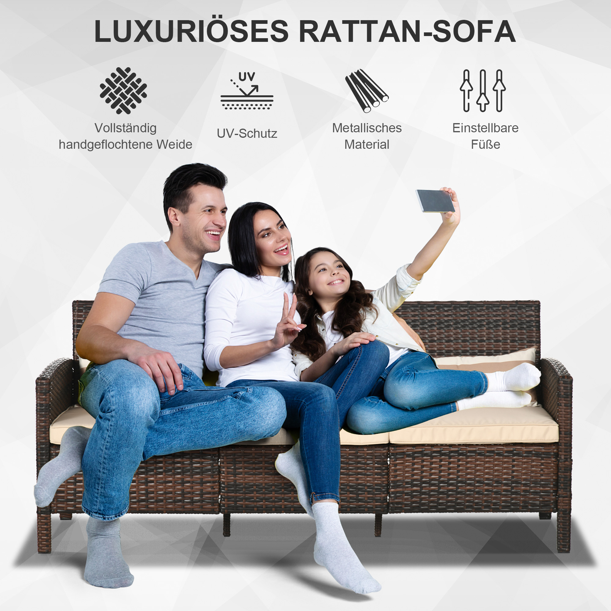 Rattan Sofa mit Kissen, Dreisitzer, Garten Loungesofa, Stahl, Braun, 173 x 68 x 78 cm