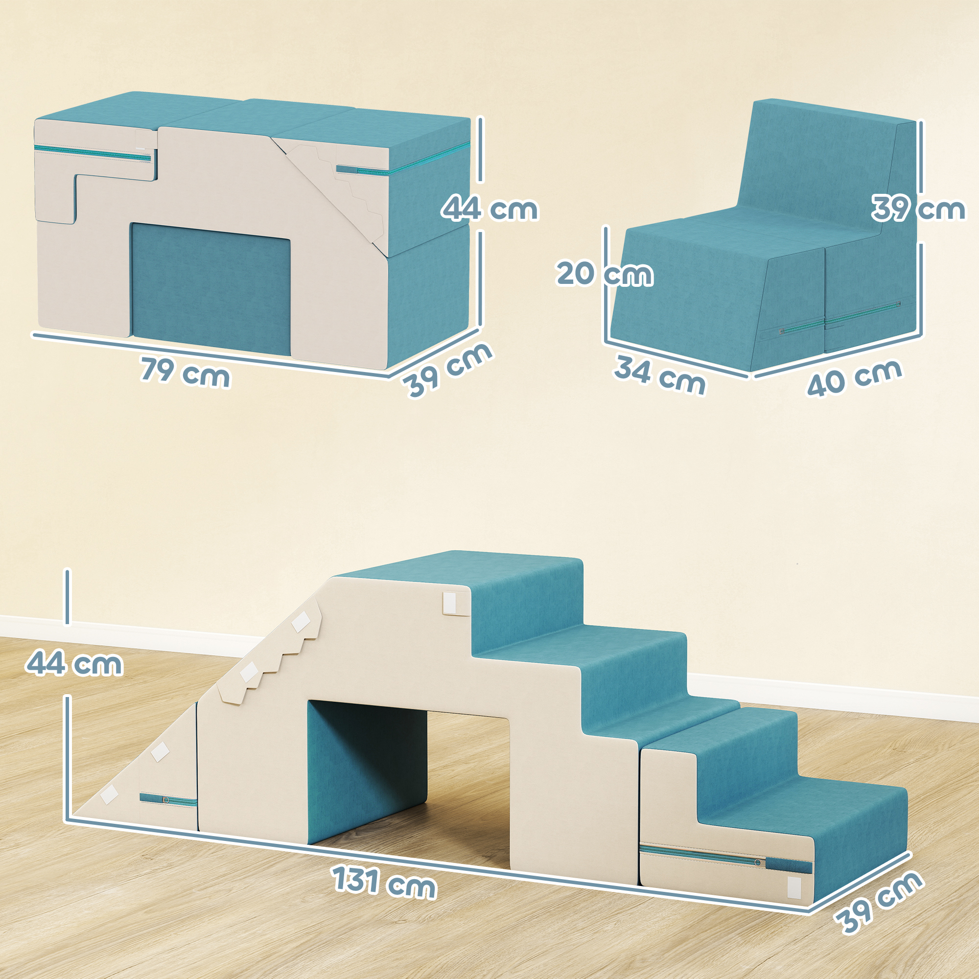 2-teiliges weiches Spielblöcke-Set für Kleinkinder, Kunstleder, Schaumstoff, zum Klettern, Bauen, Spielen, Beige+Blau