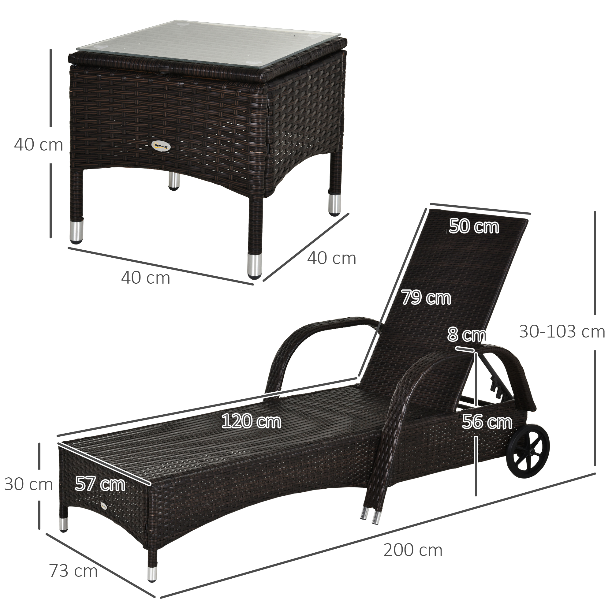 3er-Sonnenliegen-Set, 2x Gartenliege mit Beistelltisch, inkl. Liegeauflagen, Polyrattan, Braun+Cremeweiß