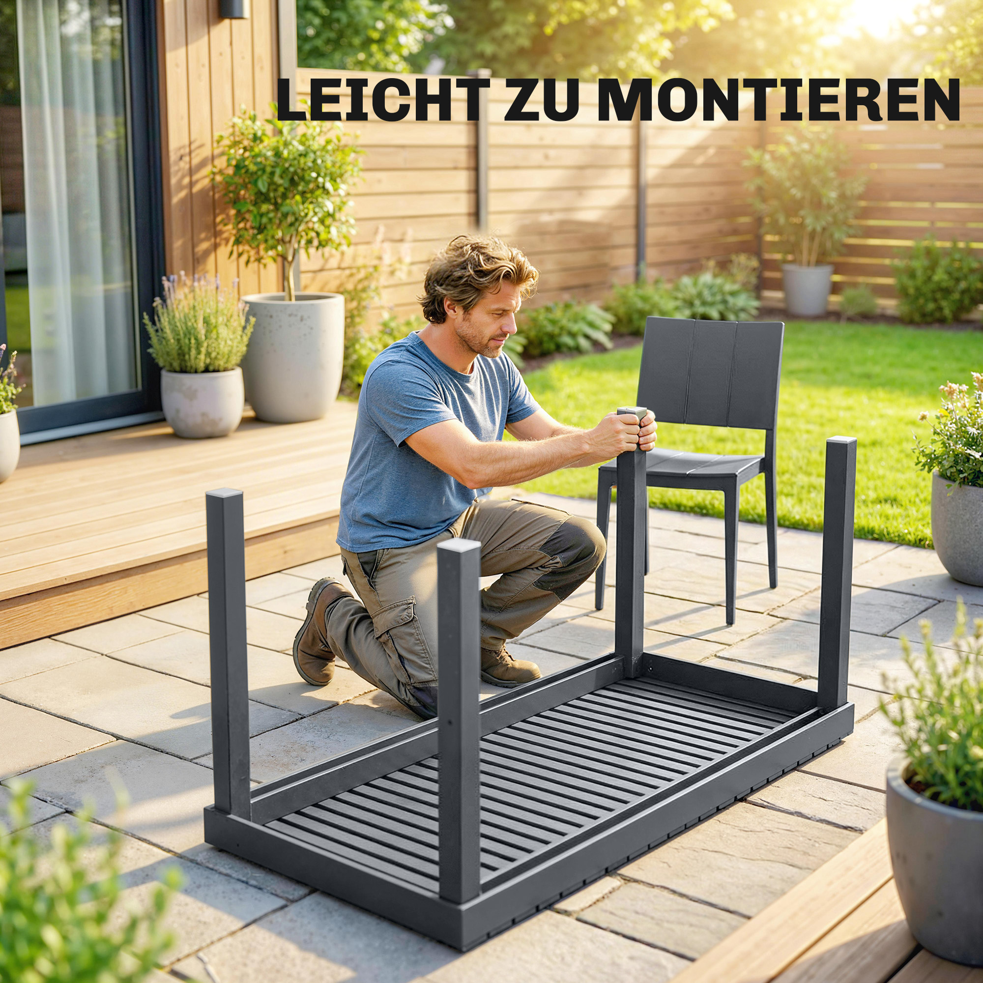 Gartenmöbel Set Sitzgruppe 5-teilig Breiter Tisch mit 4 Stapelstühlen Lamelldesign für 4 Personen Dunkelgrau
