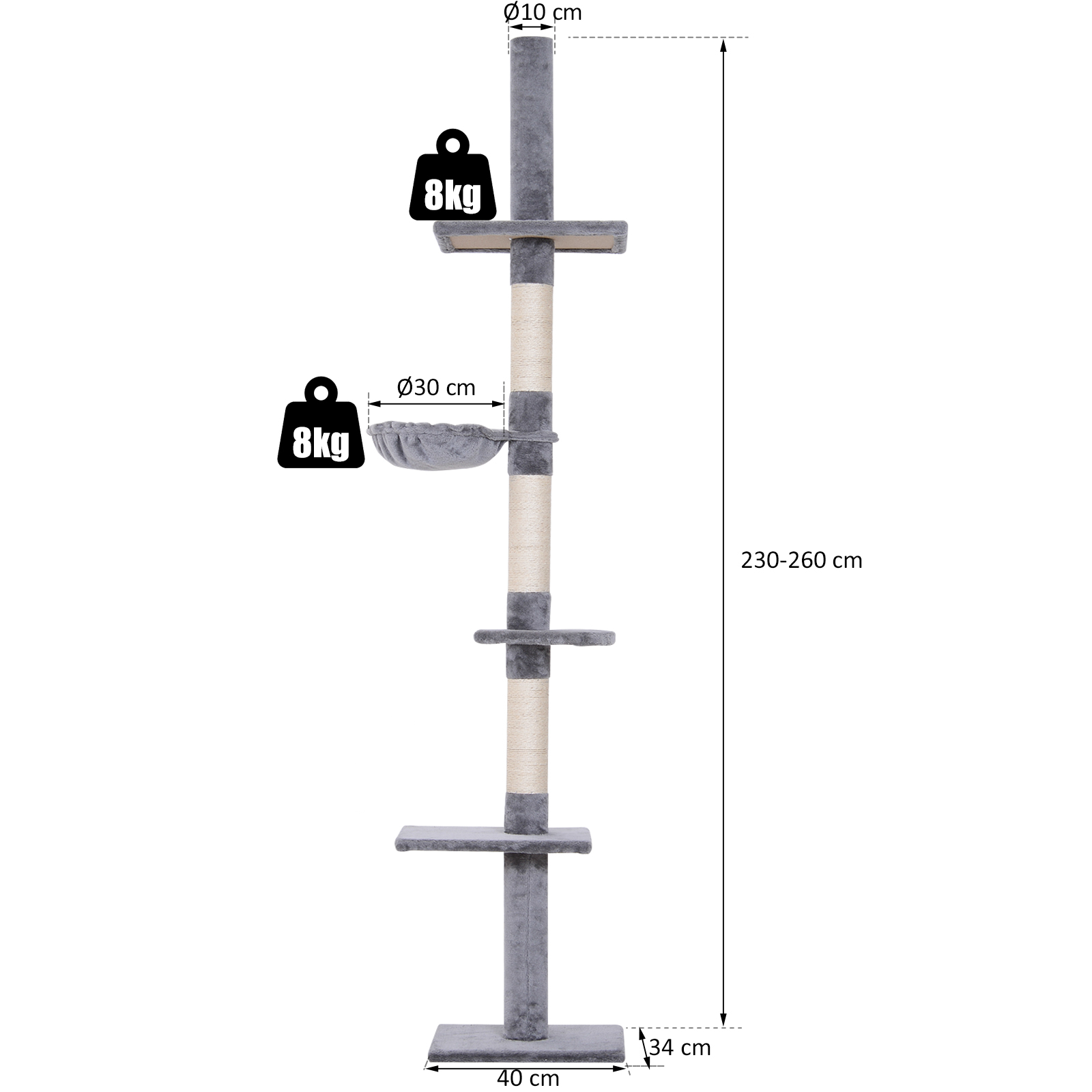 Kratzbaum Deckenhoch höhenverstellbar, stabiler Katzenbaum mit Sisalsäulen, Katzen Kletterbaum, Grau, 40 x 34 x 230-260 cm