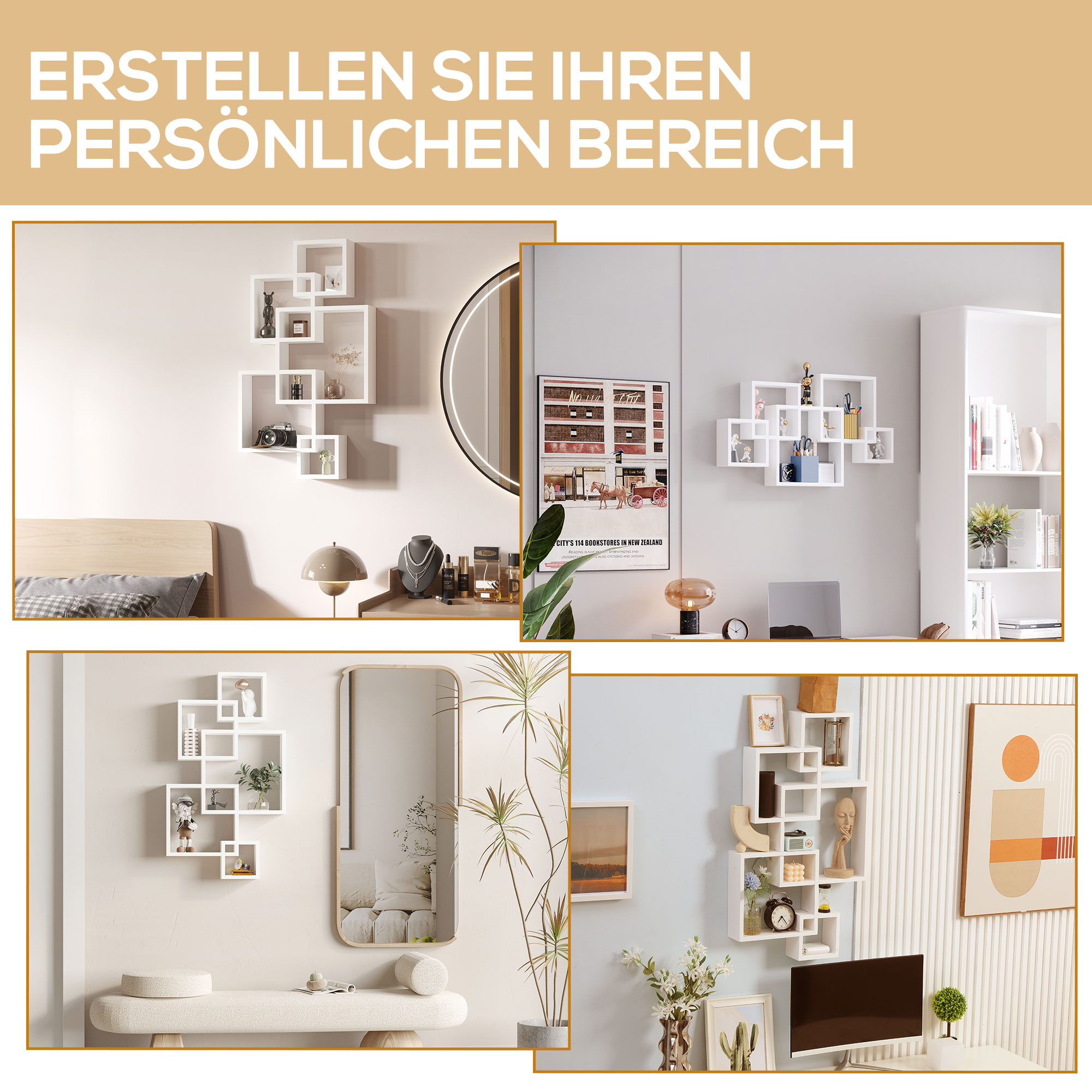 Wandregal, Schweberegal, 5 Regale, Massivholz, Weiß