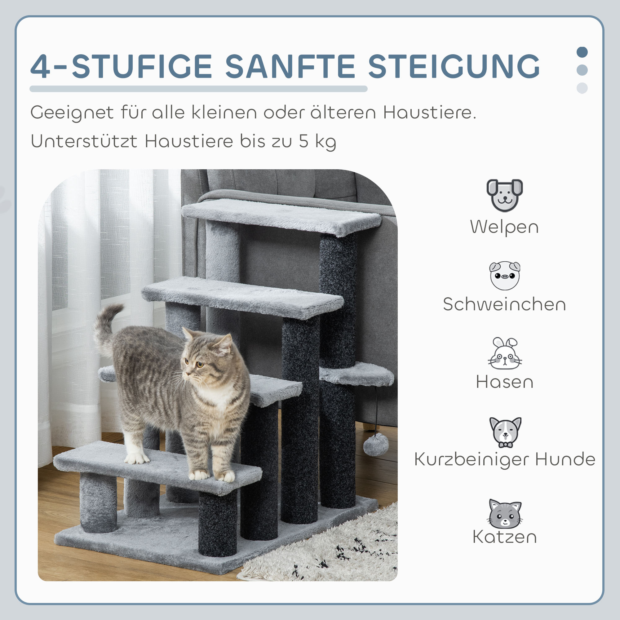Katzentreppe 4-stufige Haustiertreppe mit Kratzsäulen Ball Hundetreppe Tiertreppe für Katzen bis 5 kg Plüsch Jute Grau 60 x 40 x 64 cm