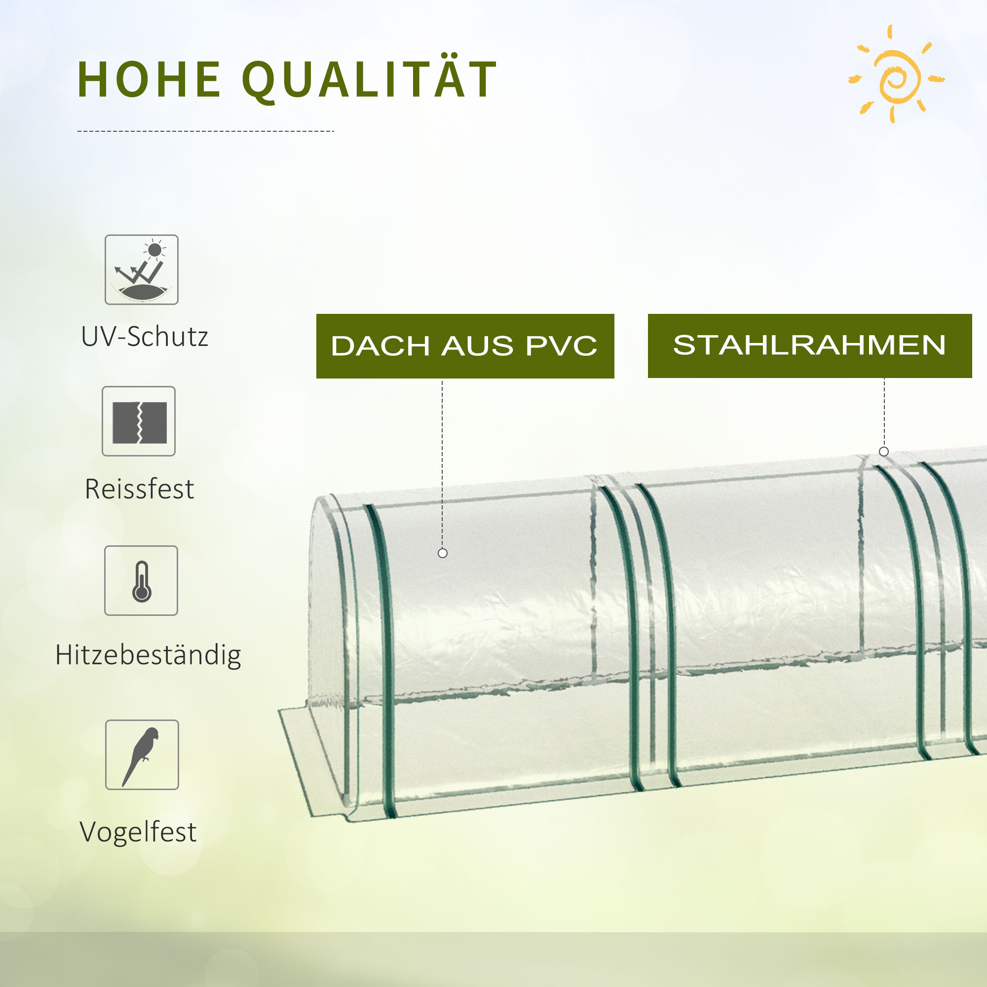 Tunnelgewächshaus, 4 Fenster mit Reißverschluss, Stahlrahmen, robuste Plane, transparent, 395 x 100 x 80cm