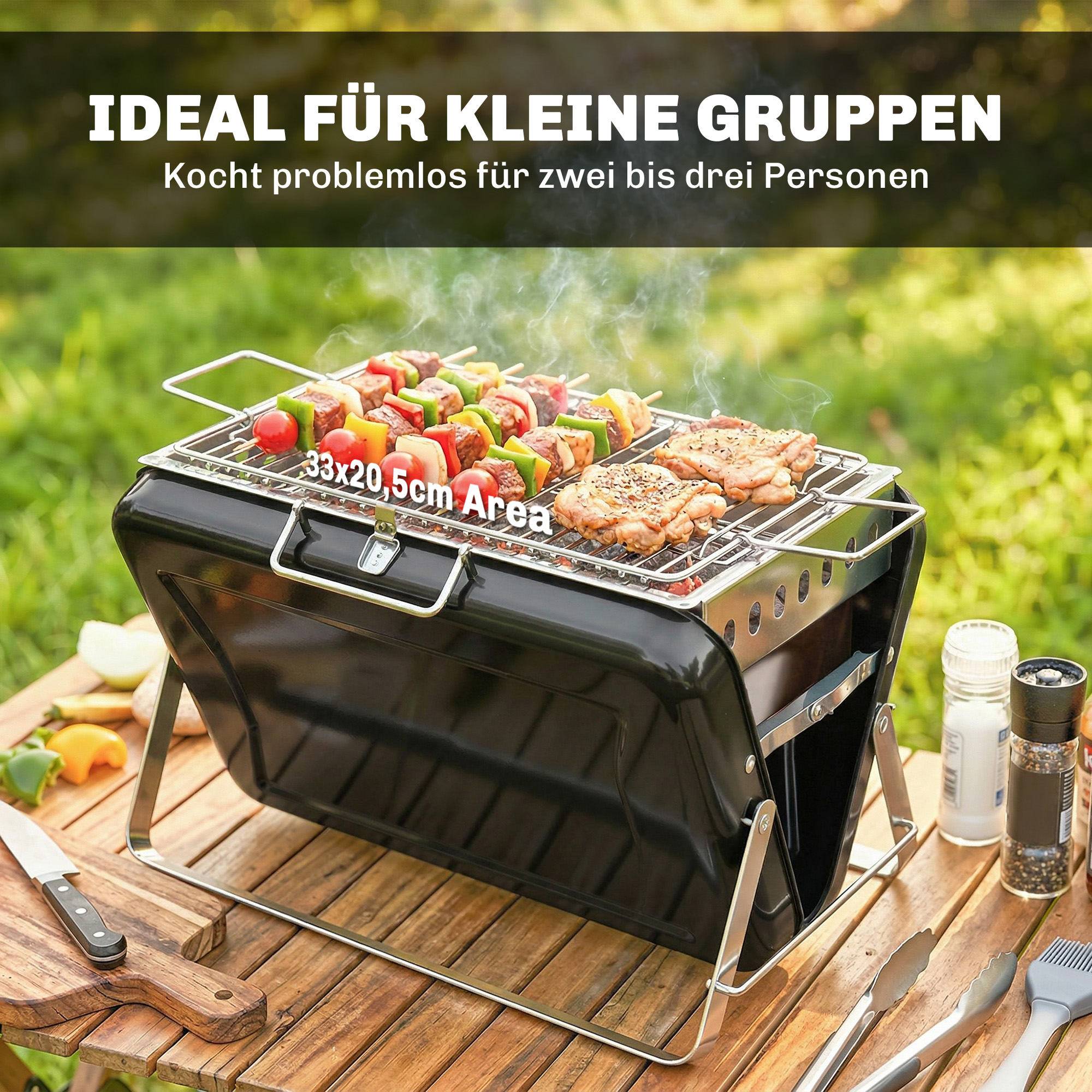 Holzkohlegrill aus Edelstahl BBQ Smoker mit Grillrost Griff klappbaren Beinen für Barbeque Camping 40x28x25,5cm Schwarz