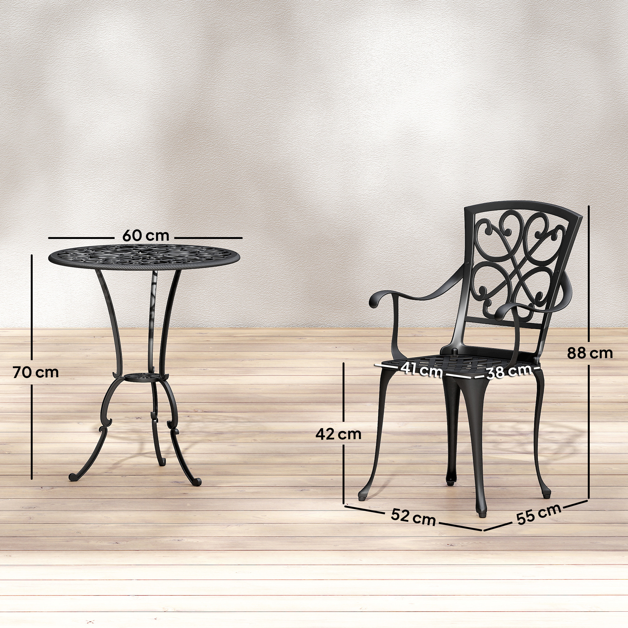 3-teiliges Garten Bistro Set runder Bistrotisch mit 2 Stühlen Sonnenschirmloch, Antik aus Aluminiumguss