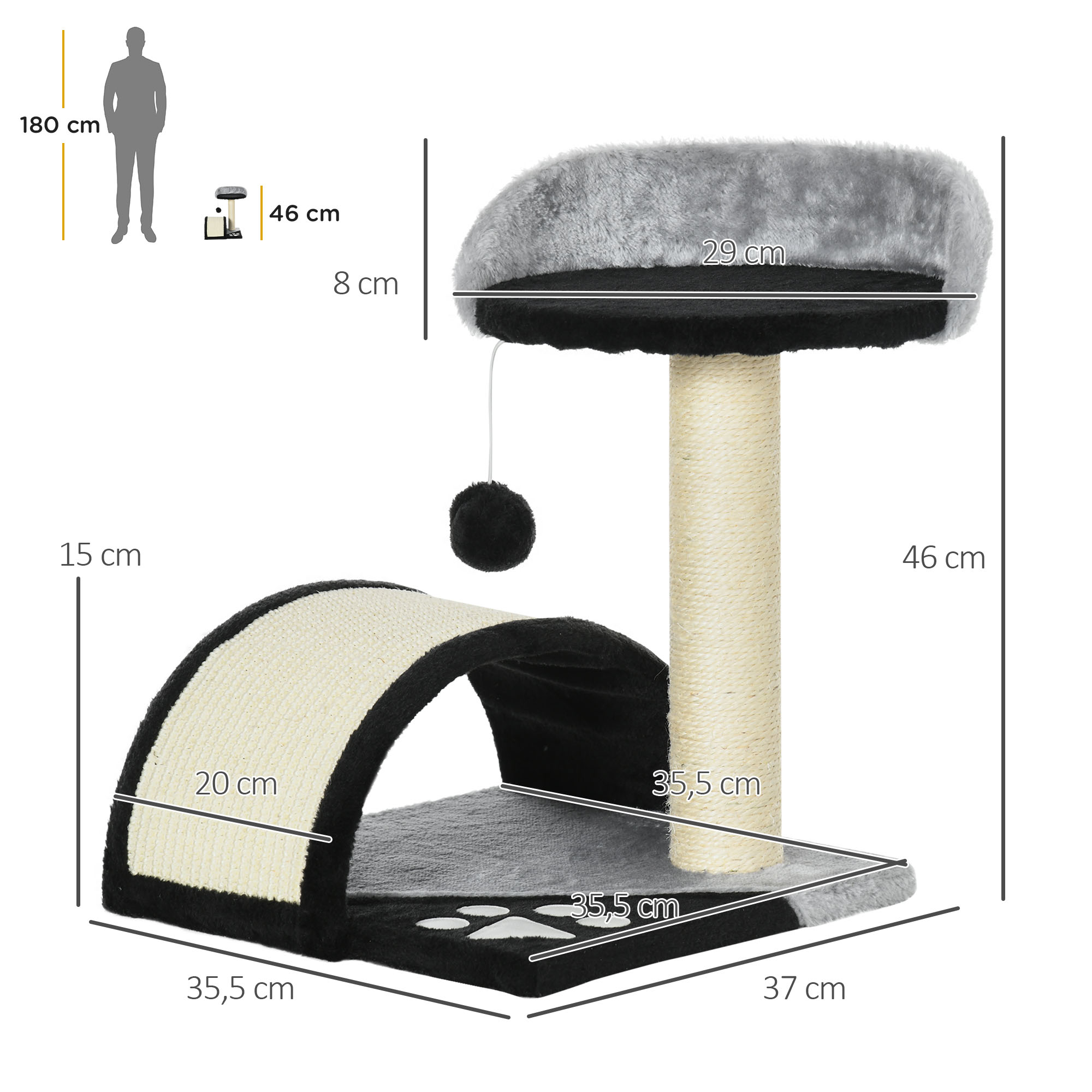 Kratzbaum Katzenbaum mit Spielbällen Katzenkratzbaum Sisalseil-Kratzstangen Schwarz 35,5 x 37 x 46 cm