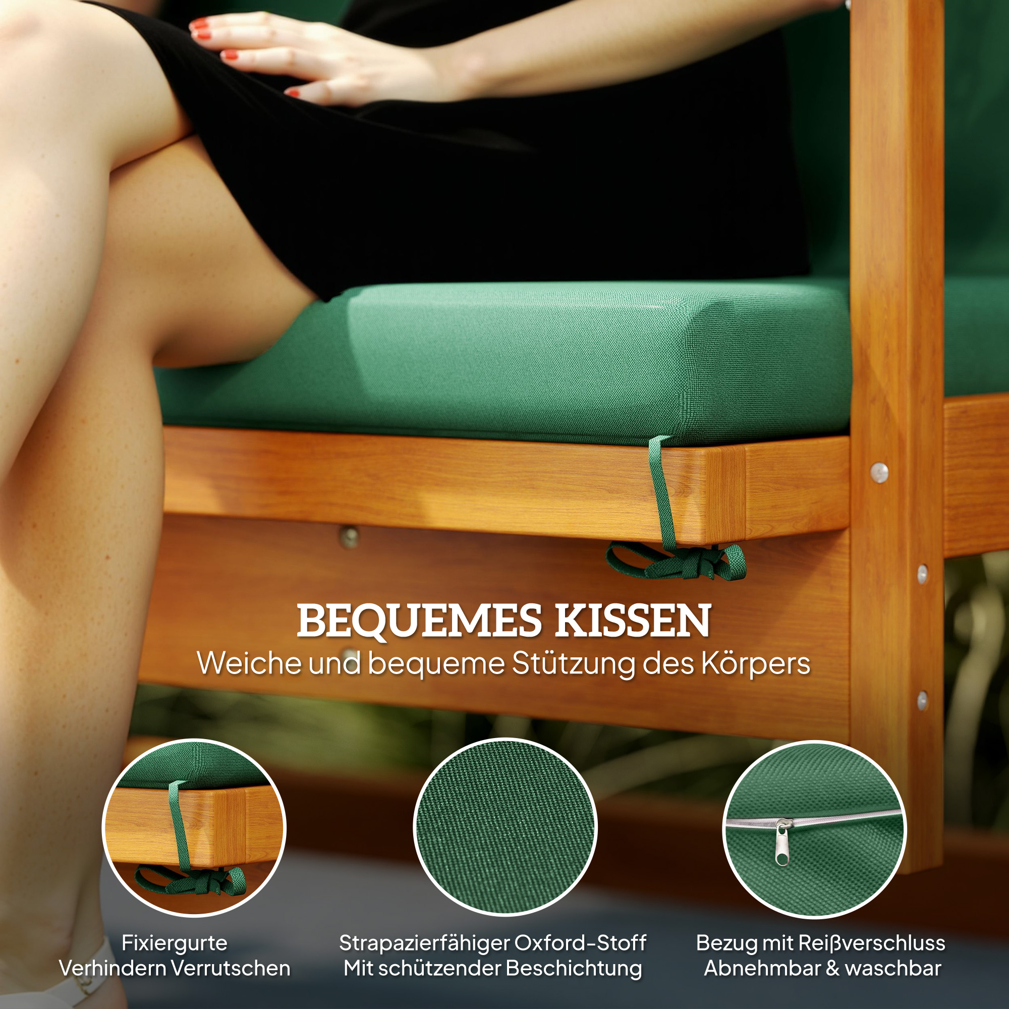 Hollywoodschaukel mit Sonnendach, Echtholz-Gartenschaukel, Schaukelbank mit Liege-Funktion, für 3 Personen, Dunkelgrün