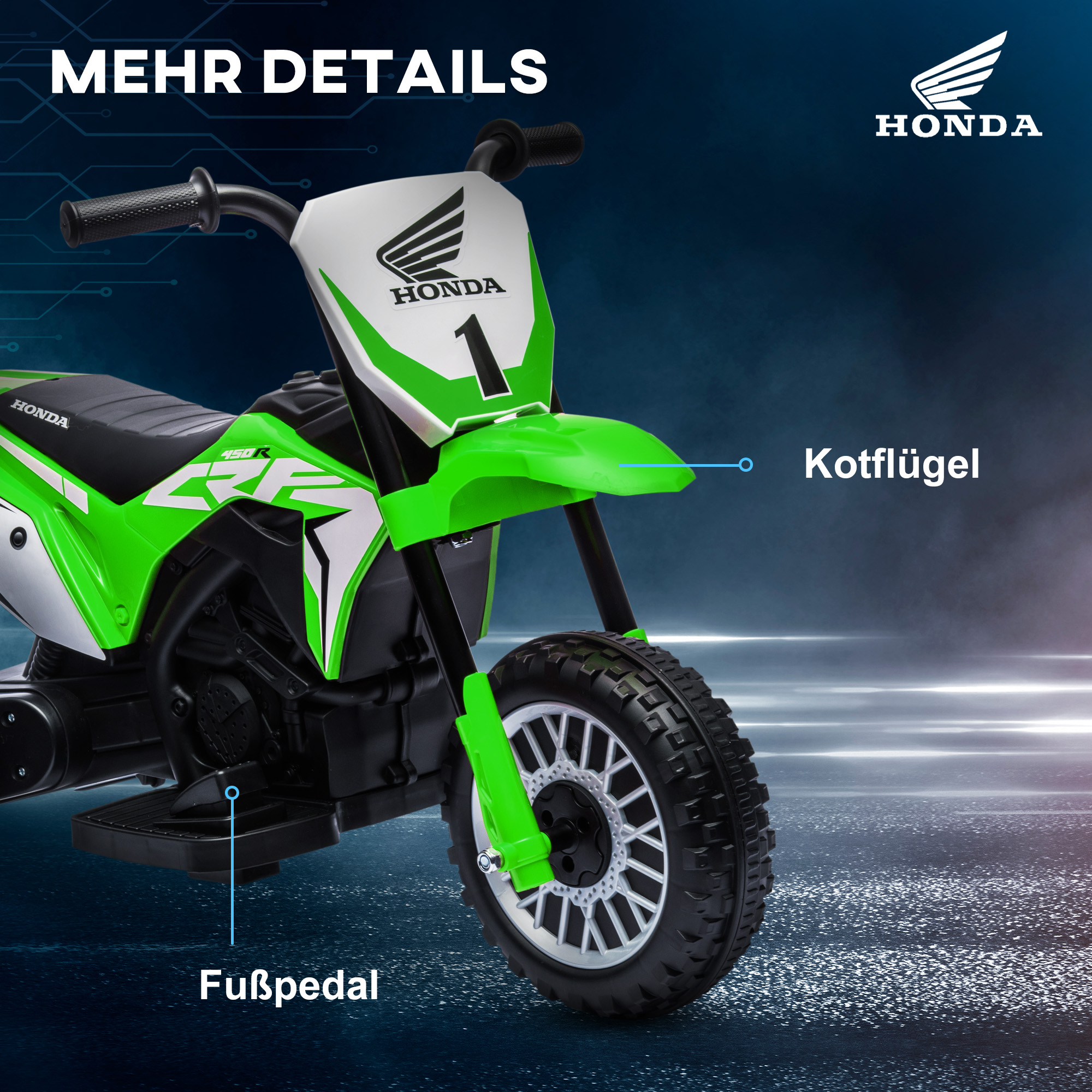 Elektro Kindermotorrad Honda, 3 km/h, Soundeffekte, für 18-36 Monate, Grün