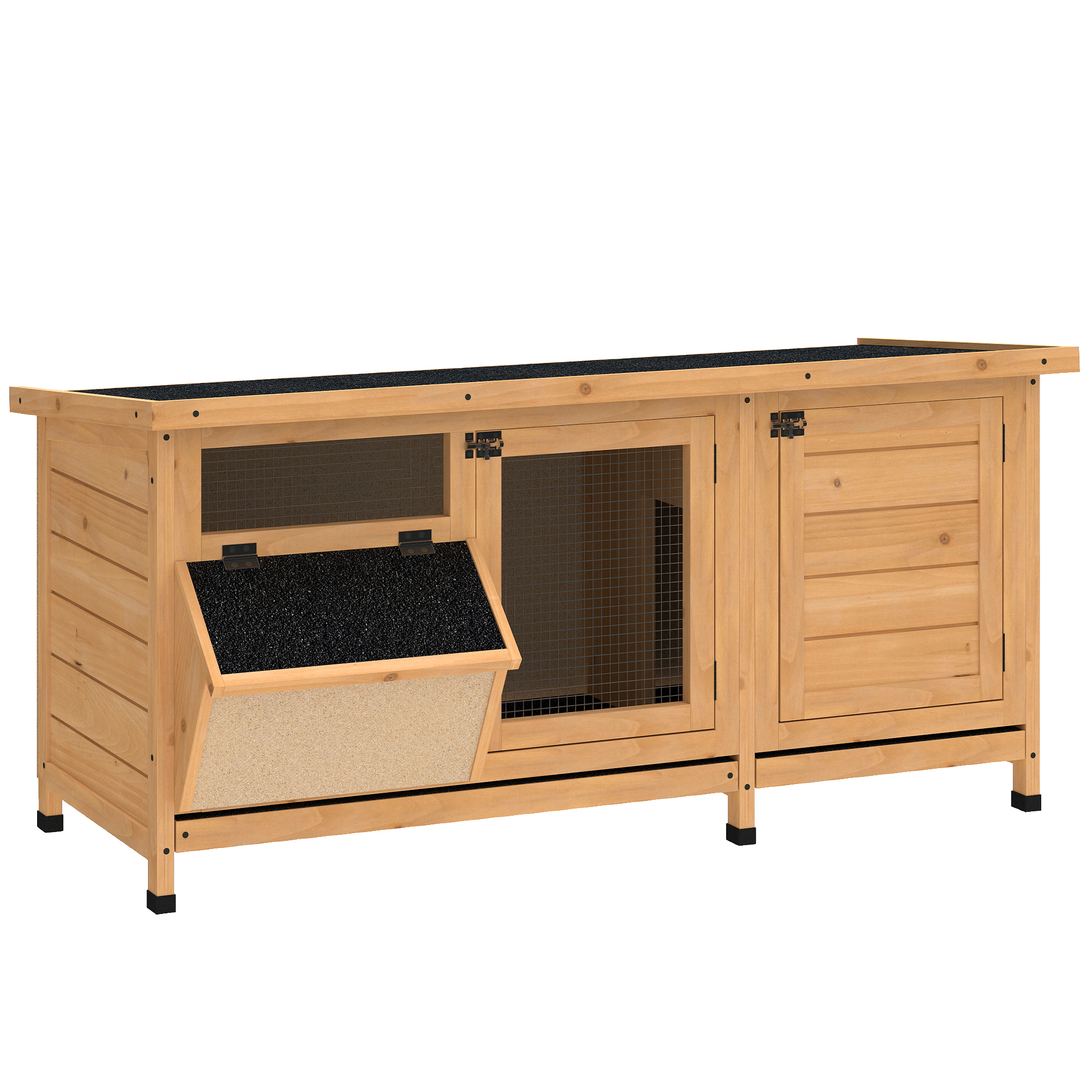 Hasenstall Winterfest Kaninchenstall aus Holz 112x50x54 cm Kaninchenkäfig mit Bitumendach, 2 Türen, Metallgitter, Hasenkäfig für Kaninchen, Meerschweinchen Outdoor Natur+Schwarz