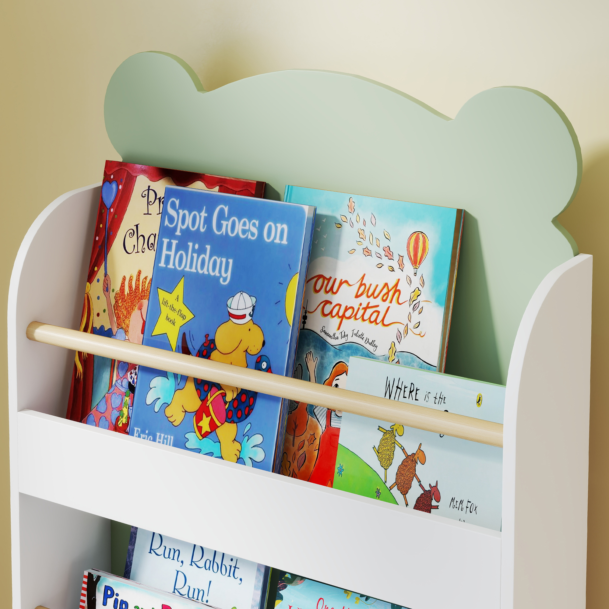 Bücherregal Kinder, 3-stufiges Kinderregal mit Bärenthema für Bücher Spielzeug Kinderzimmer, 55 x 15 x 110 cm, Grün