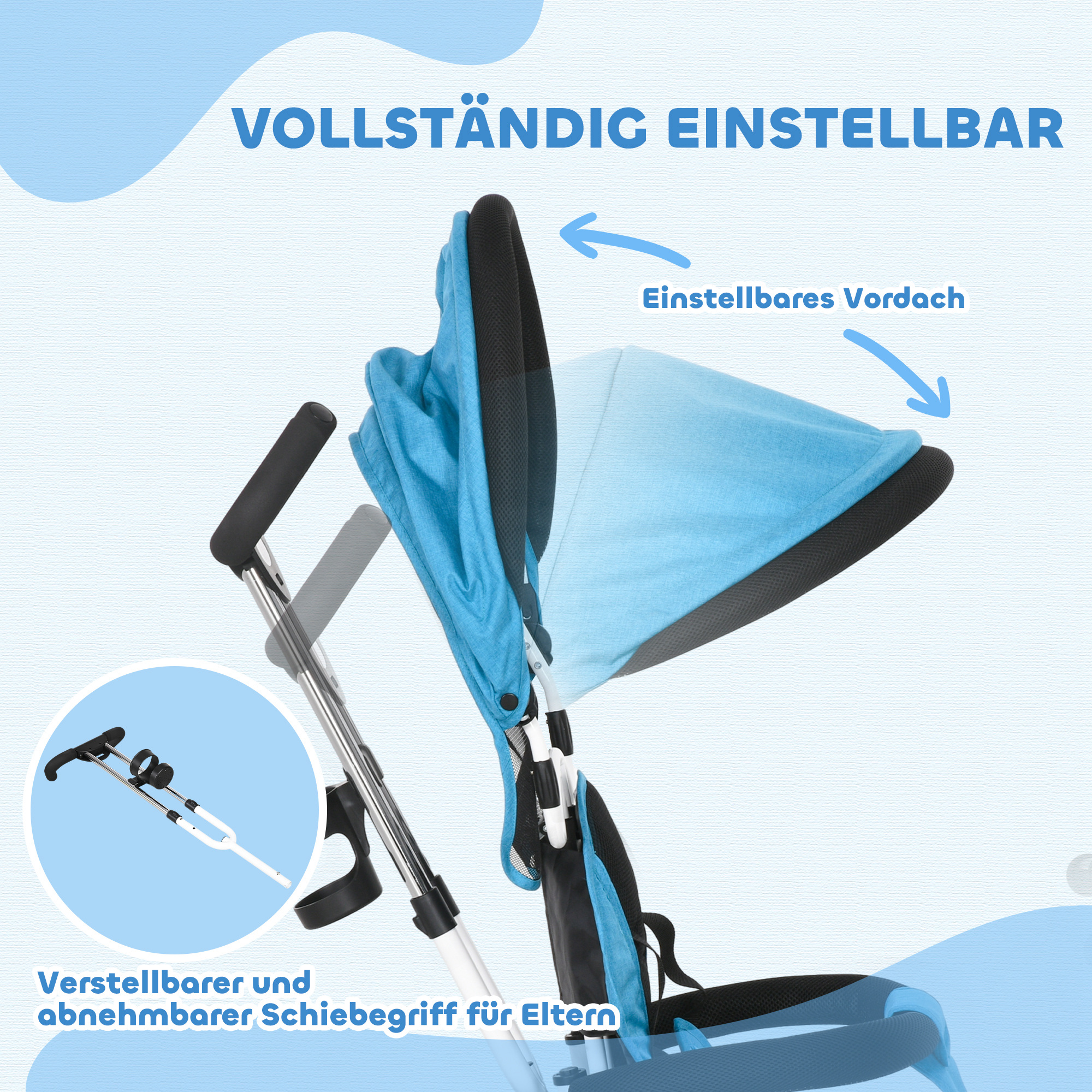 6-in-1 Kinderdreirad mit Schiebestange, Dach, Gurt, Ablagekorb, für 1-5 Jahre, Blau
