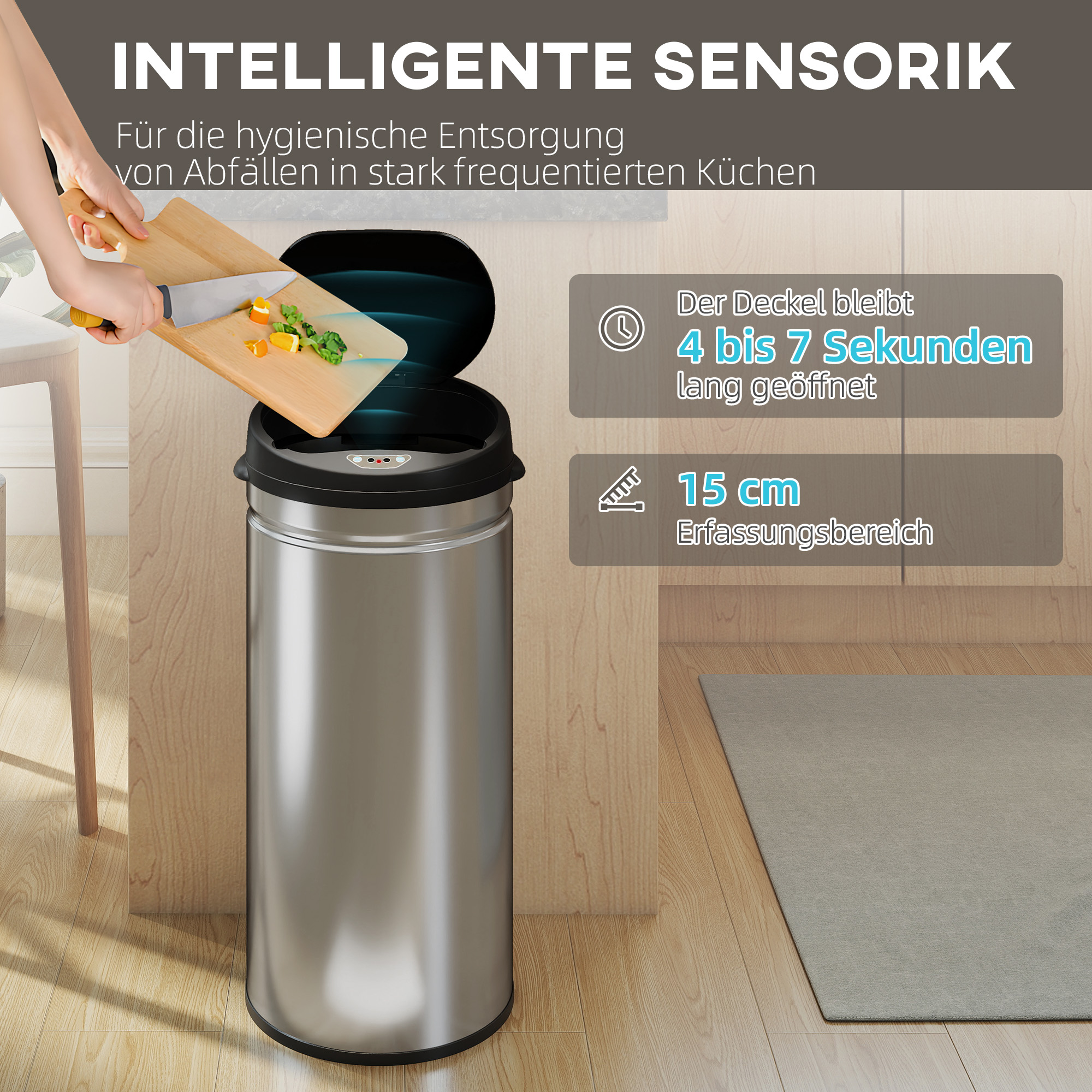 42 Liter Sensor-Mülleimer mit Soft-Close-Funktion, berührungsfreier Abfalleimer aus Edelstahl für hygienische Küchen