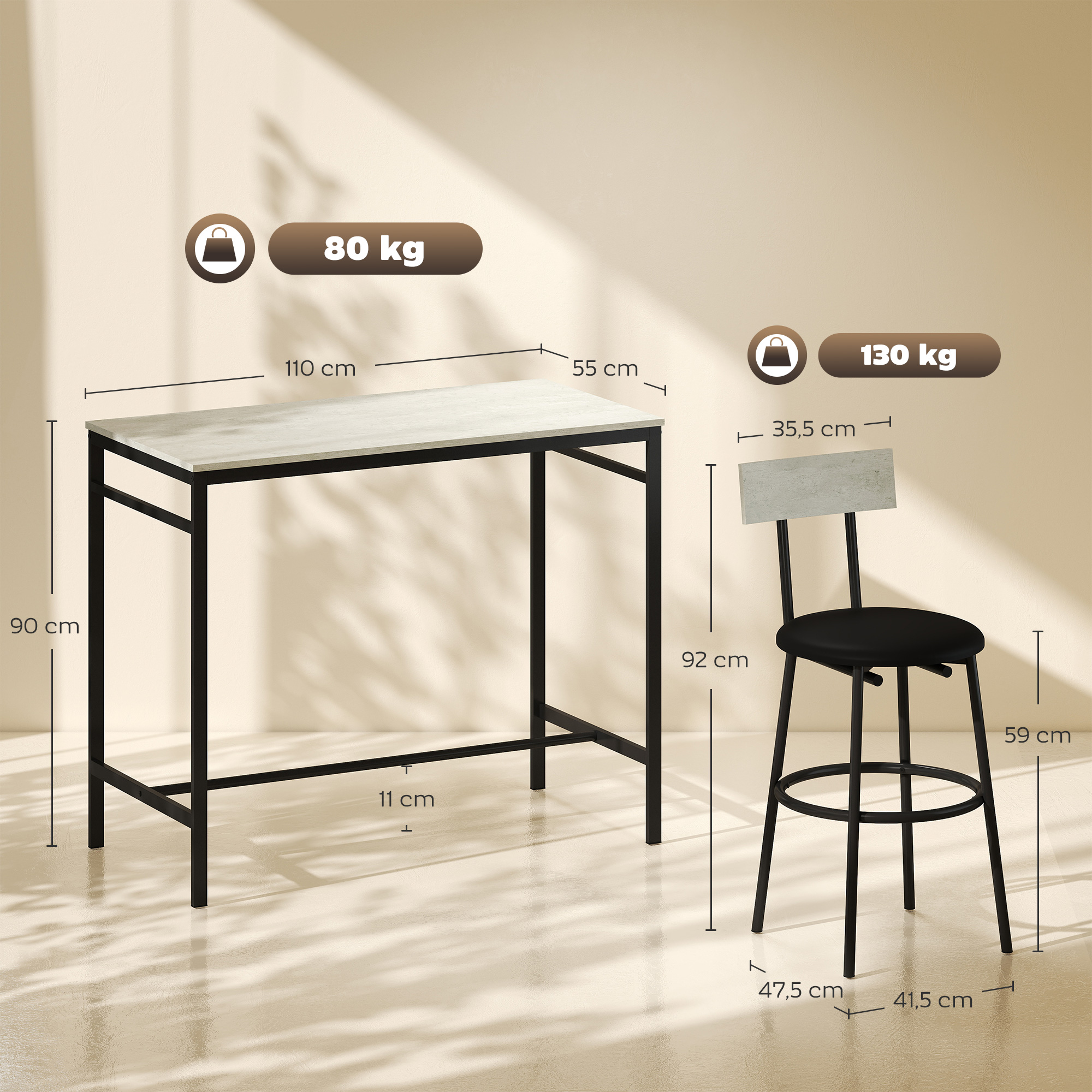 5-teiliges Bartisch-Set mit 4 Stühlen, Industrielles Design, für Küche, Esszimmer, Stahl, Hellgrau