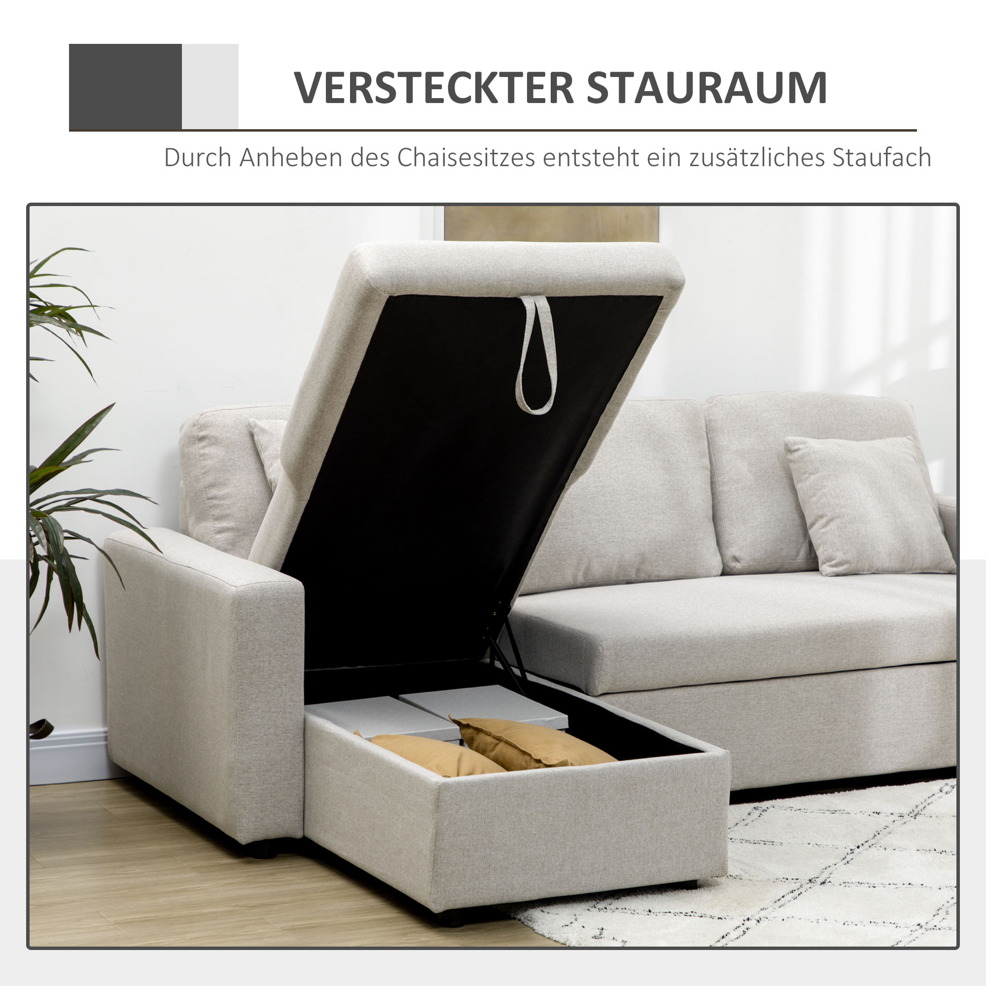 Ecksofa mit Bettfunktion, Eckcouch inklusive 2er-Sitz Sofa, Einzelbett, L-Form mit Stauraum, 2 Kissen Cremeweiß