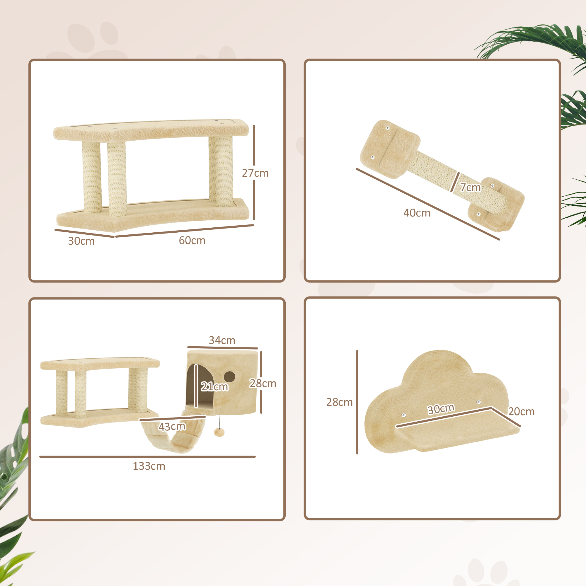 5-teiliges Katzen-Kletterset mit Kratzpfosten, Sprungplattformen, Leiter, Haus, Wandmontage, Beige