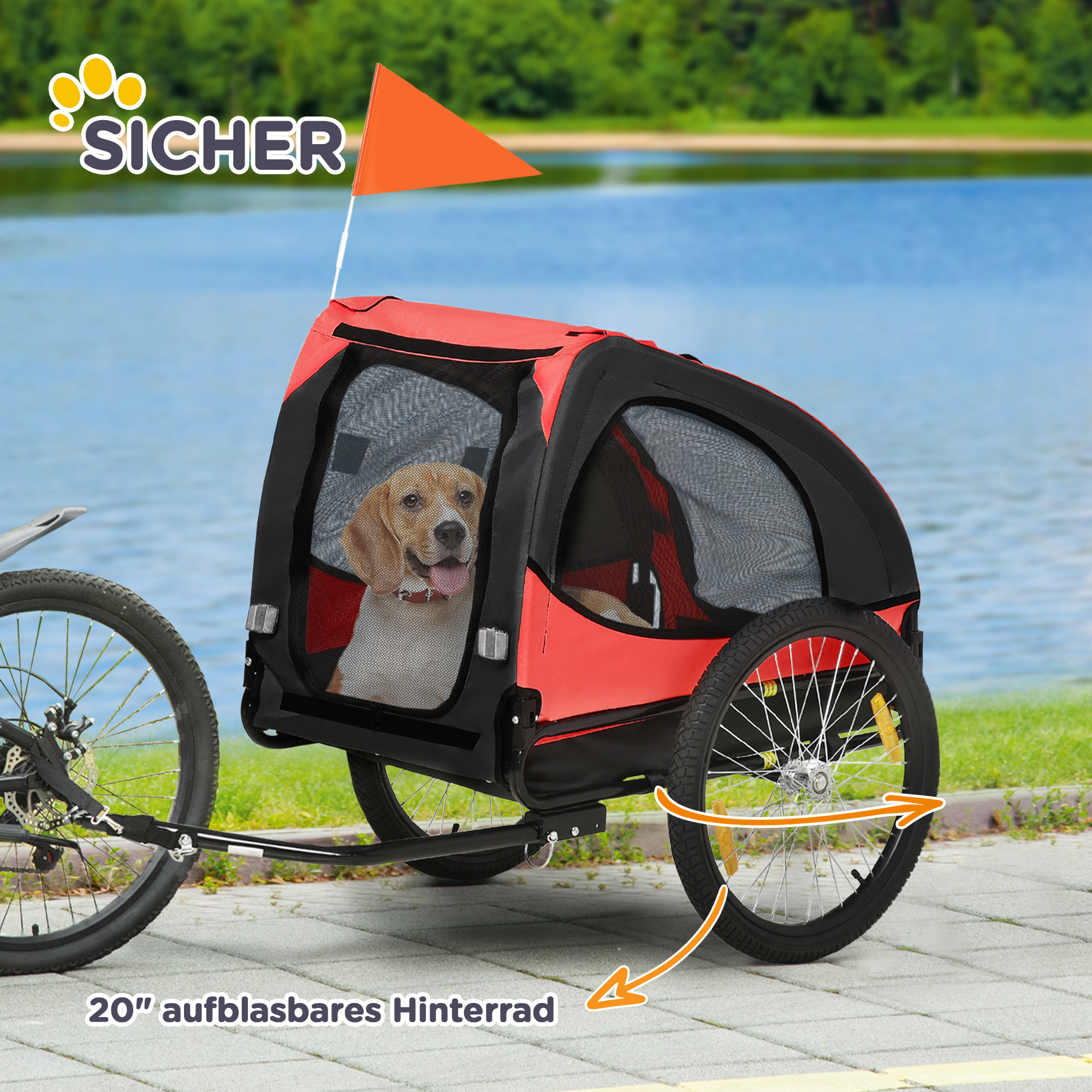 Hundeanhänger, klappbarer Fahrradanhänger für Hunde, wasserbeständig, Oxfordstoff, Metall, 140 x 71 x 83 cm, Rot