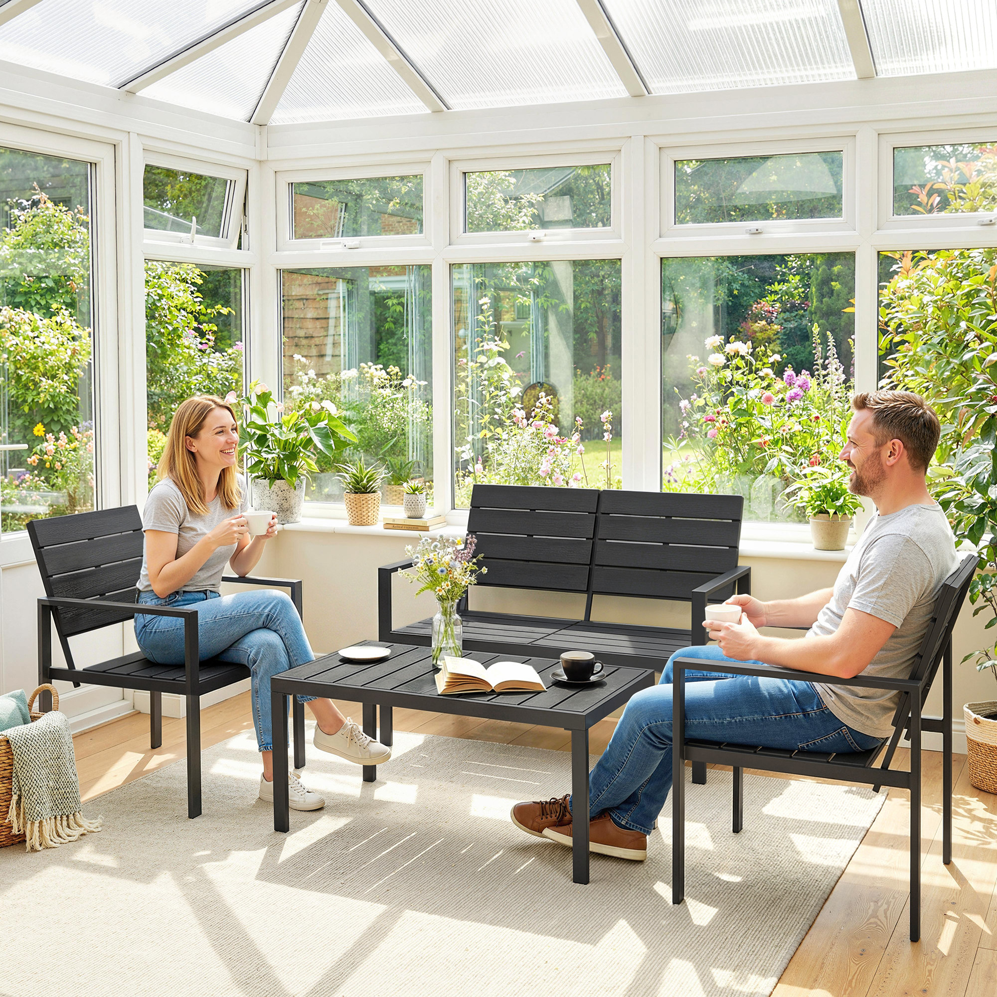 Gartenmöbel Set Sitzgruppe für 4 Personen Gartenlounge mit 2er Sofa 2 Sessel Beistelltisch Lamellendesign Schwarz