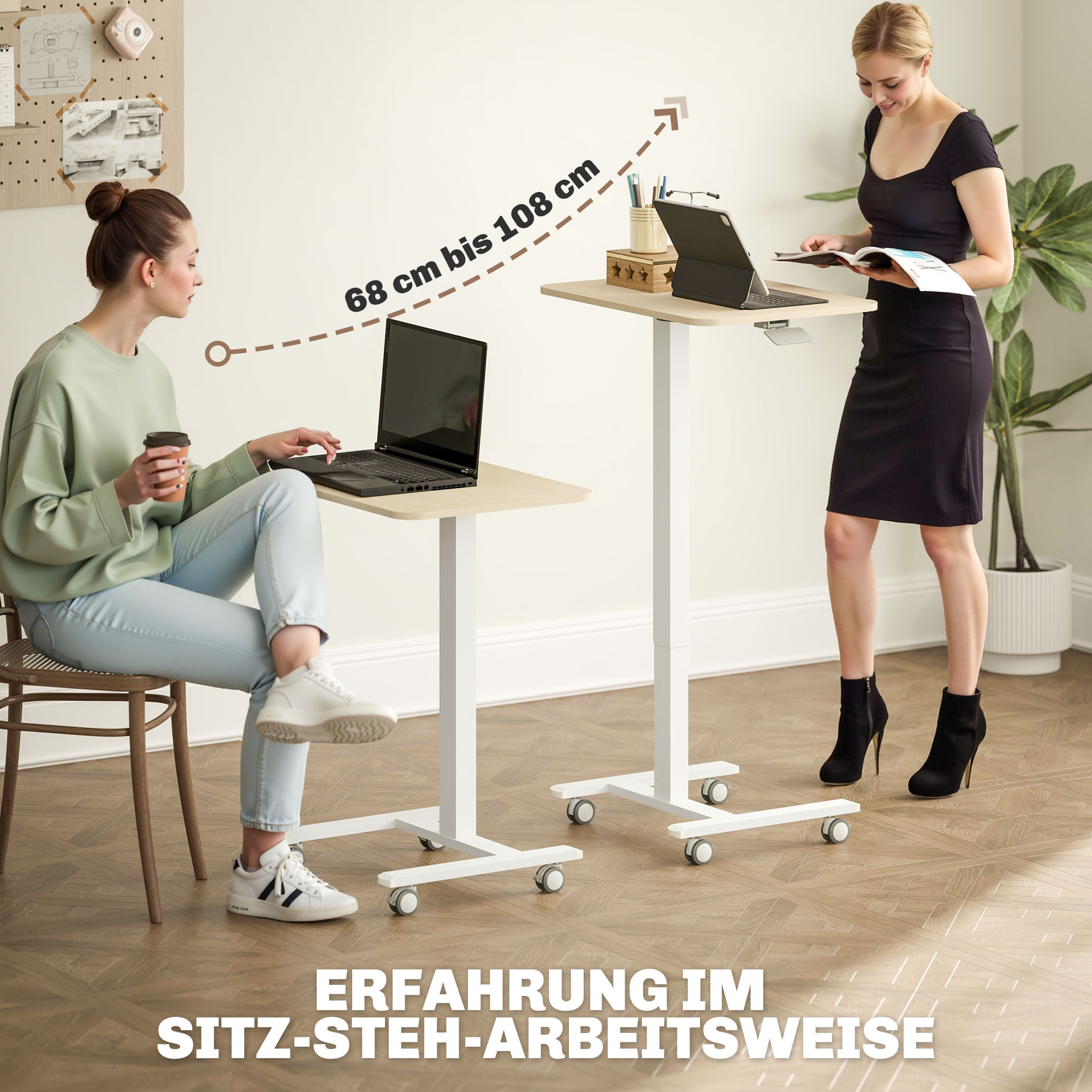 Stehpult Stehtisch, Laptoptisch, höhenverstellbar, 4 Rollen, 65 cm x 48 cm x 108 cm, Gelb