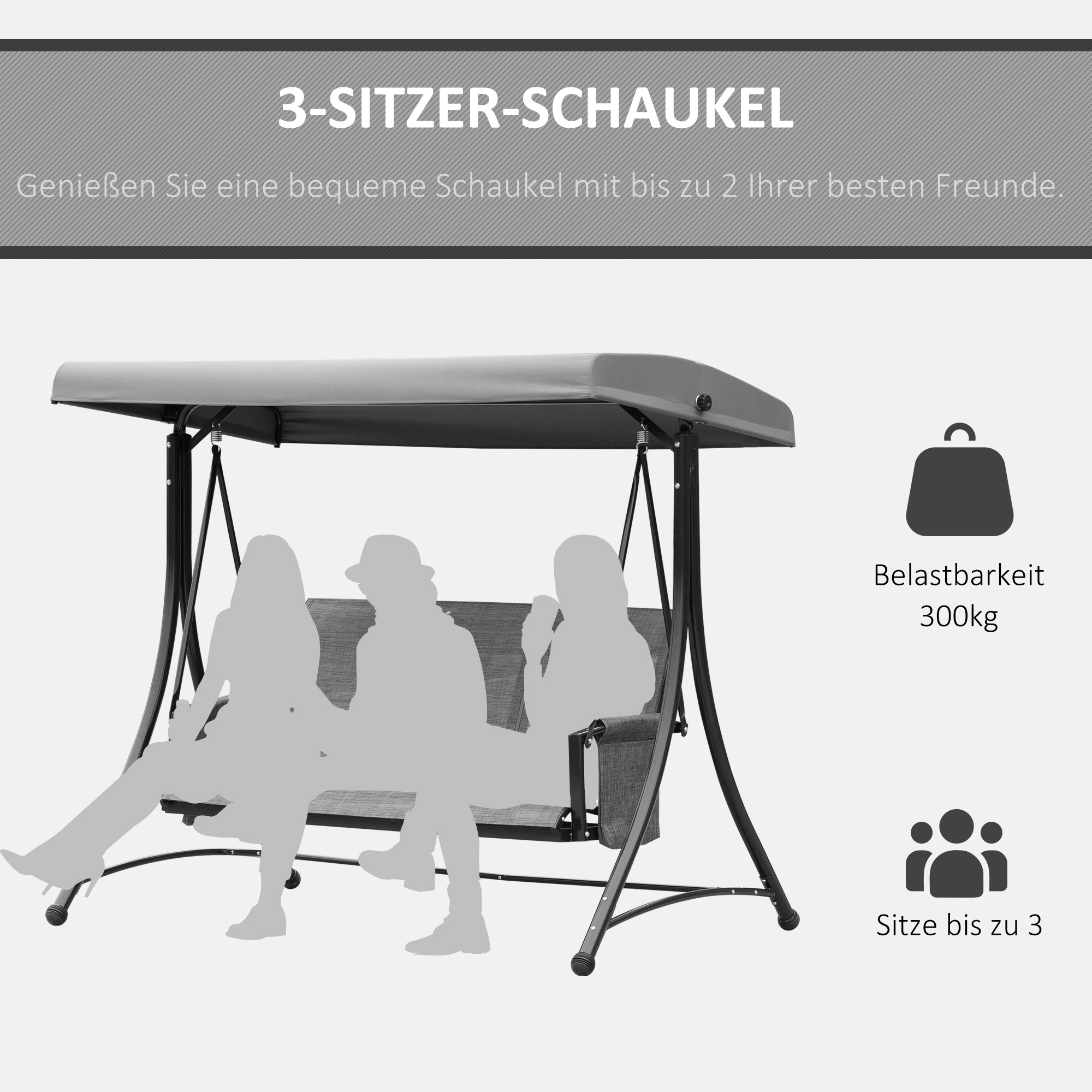 Hollywoodschaukel mit Seitentasche, 3-Sitzer Gartenschaukel mit verstellbarem Sonnendach, Schaukelbank belast bis 300kg, für Garten, Terrasse, 196 x 128 x 172 cm, Dunkelgrau