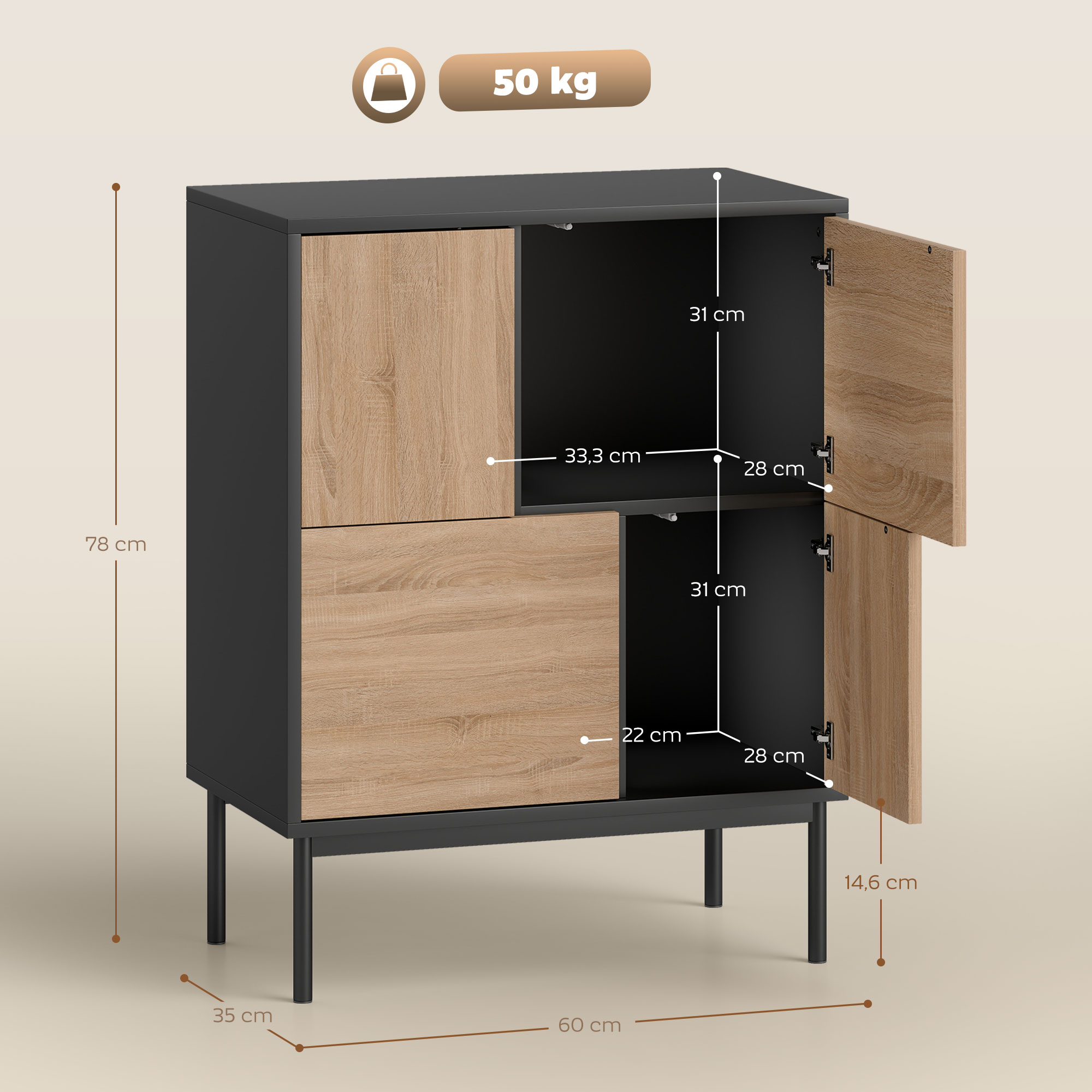Sideboard mit Push-to-Open Türen, Esszimmerschrank mit Metallbeinen, Küchenschrank, MDF, Schwarz+Naturholz