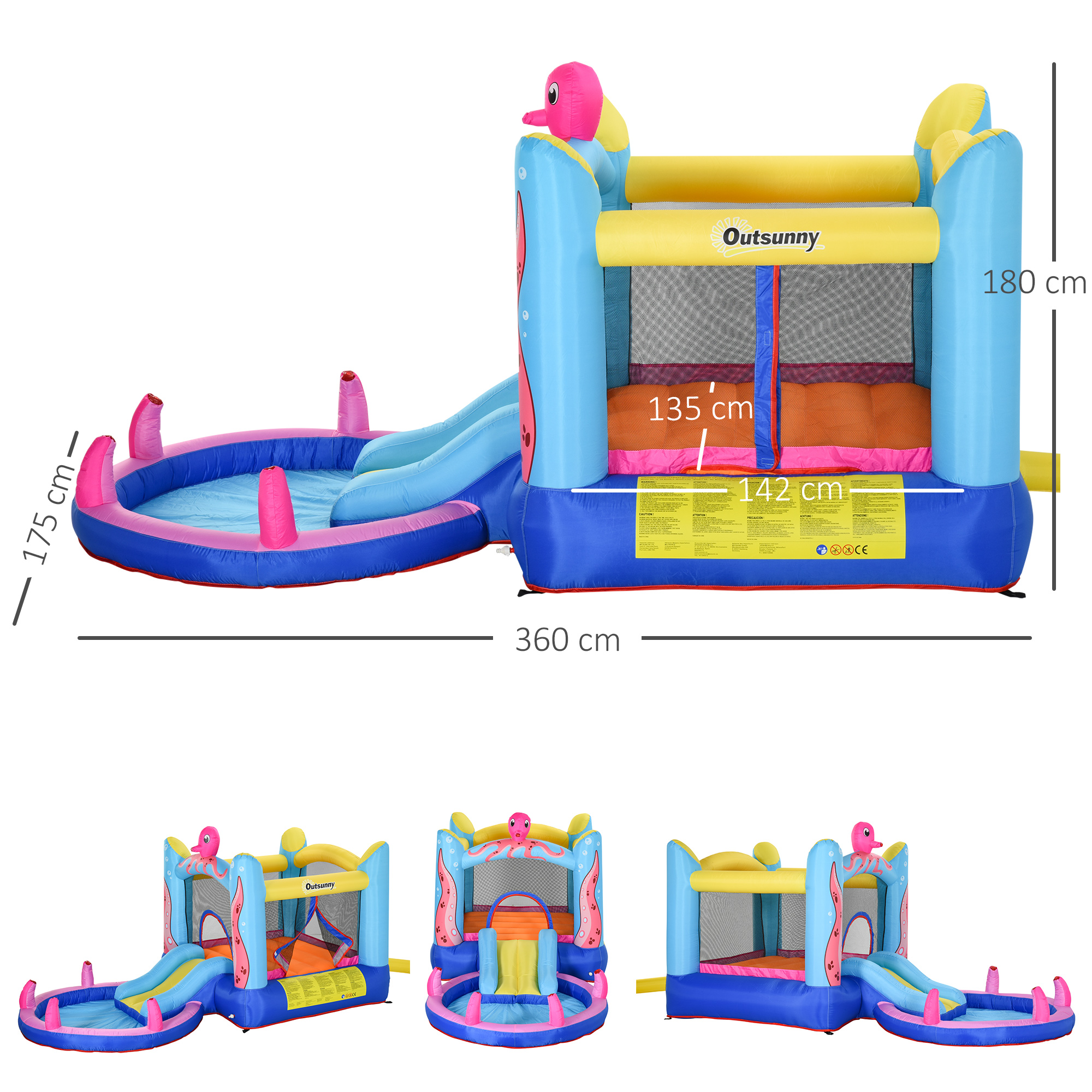 selbstaufblasende Hüpfburg inkl. Gebläse, Flicken, 1 Trampolin, 1 Wasserbecken, 1 Rutsche,  360 x 175 x 180 cm