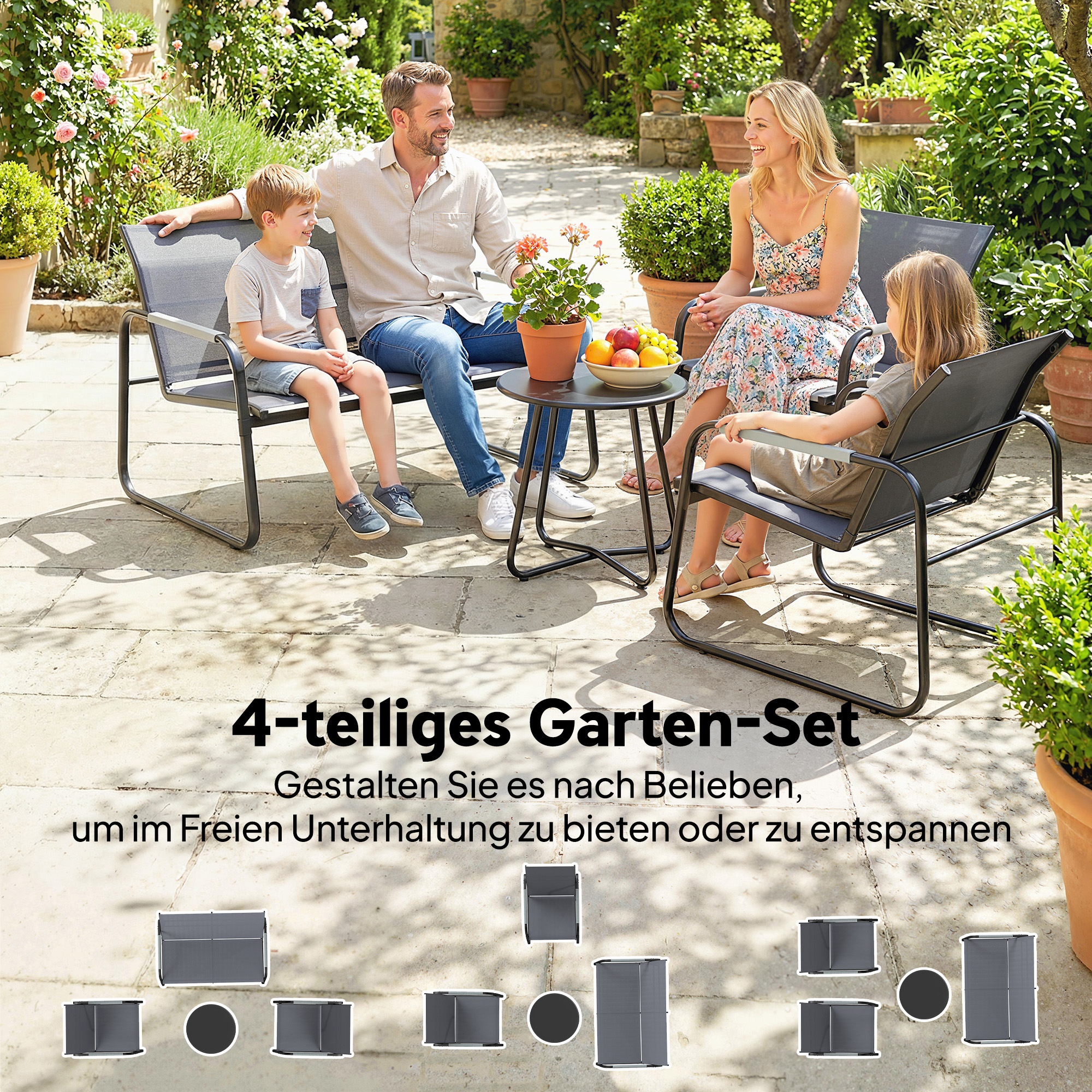 Gartenmöbel Set Sitzgruppe für 4 Personen Atmungsaktiv Gartenlounge mit 2er Sofa 2 Sessel Seilflecht Rund Tisch Fußpads