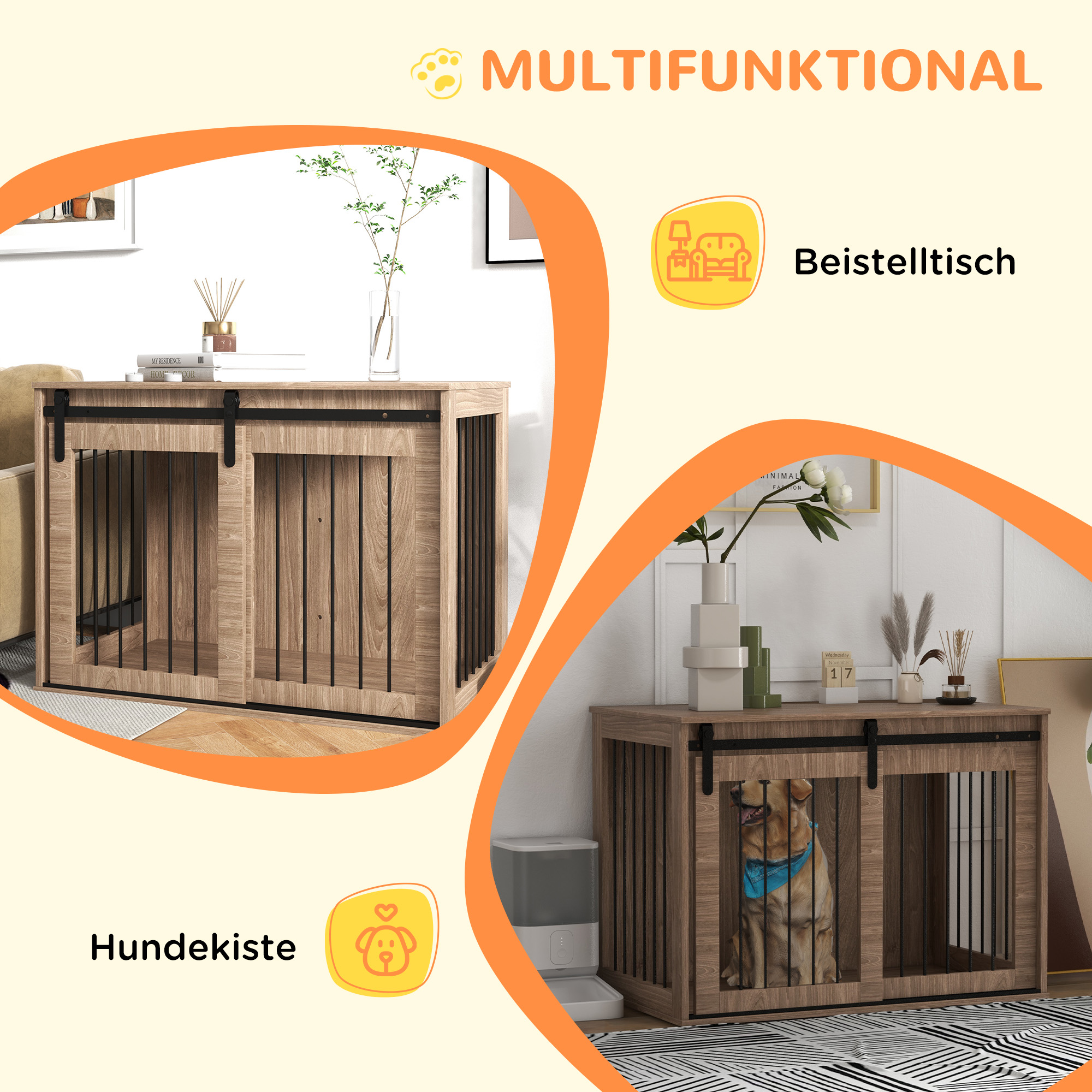 Hundebox Hundekäfig, Verriegelbar, Holzoptik, rustikales Design, 98 cm x 58 cm x 67 cm, Walnuss + Schwarz