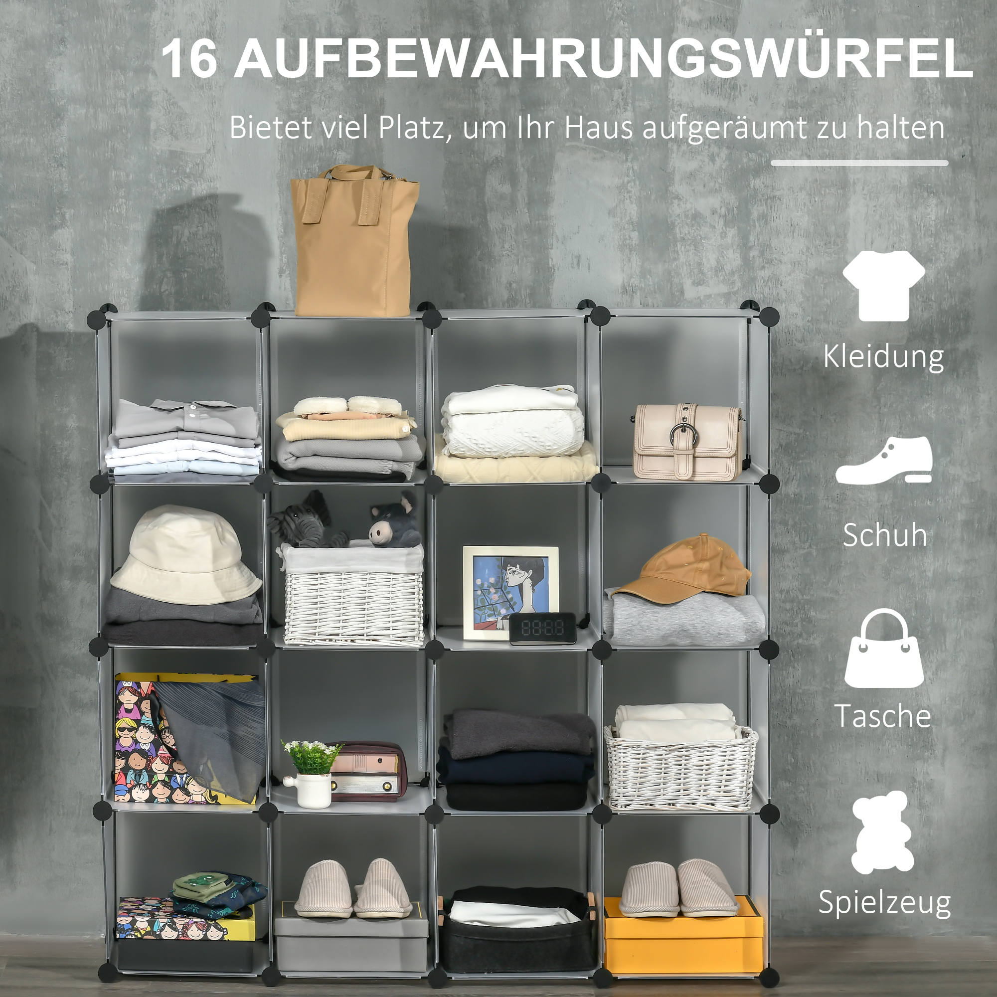 Modulares Regalsystem mit 16 separaten Boxen, Steckregal, DIY, Schwarz + Weiß