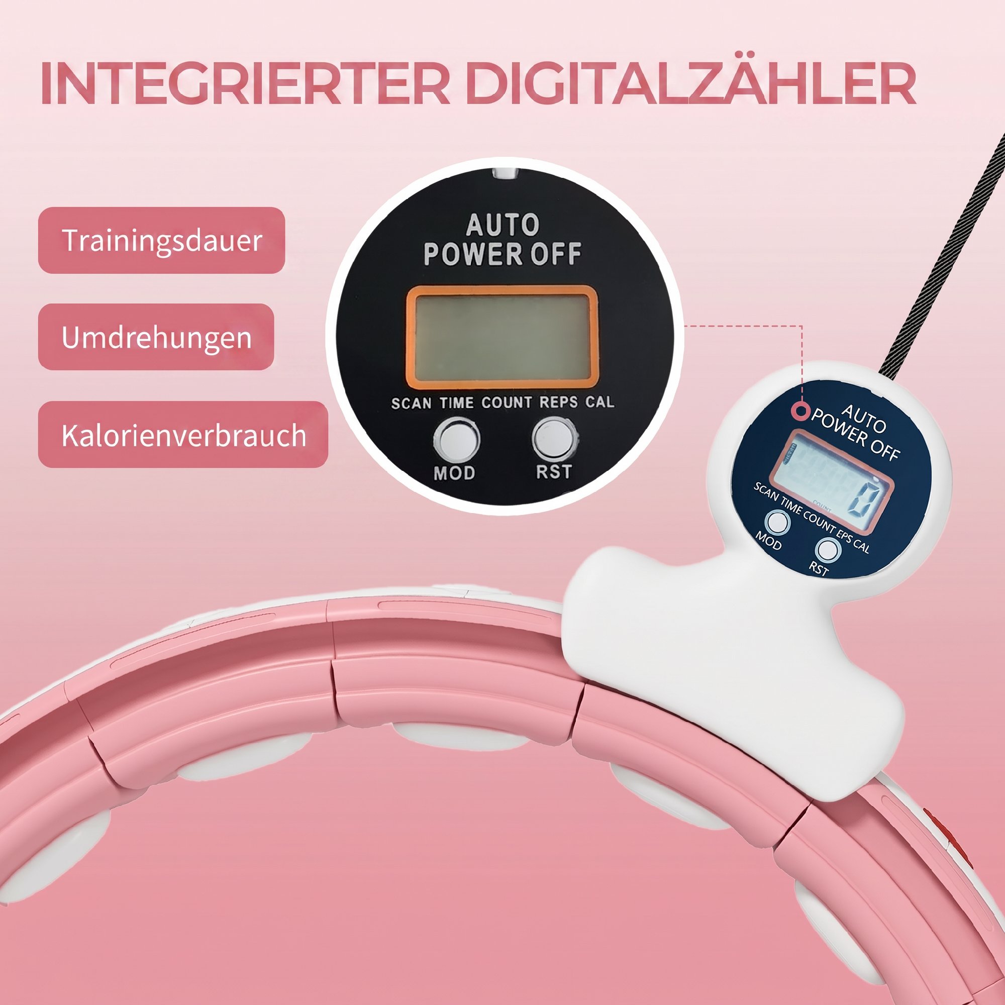 Smart Hula Hoop Reifen Erwachsene mit Gewicht Kugel Zähler 16 Knoten (76-113cm) Rosa