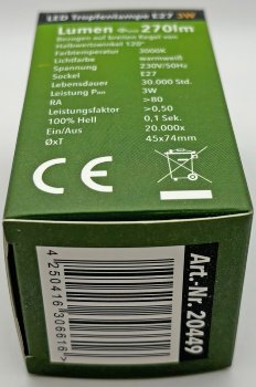 LED Tropfenlampe E27 "T25 SMD" warmweiß / 3000k, 270lm, 230V/3W, 45mm