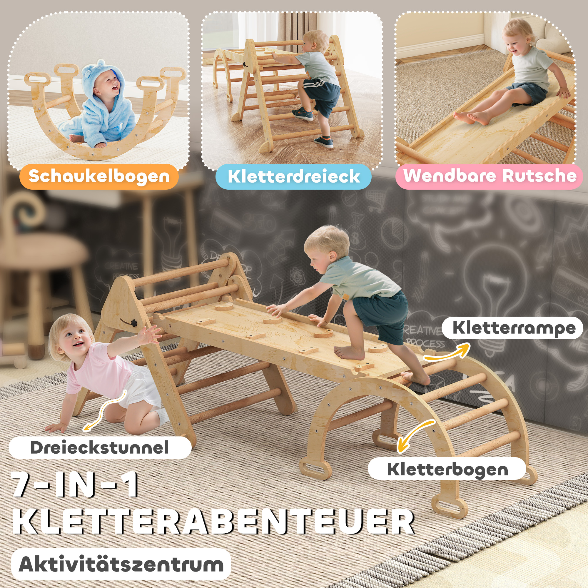 7-in-1 Klettergerüst, Bogenleiter, Dreiecksleiter, Rampe, Kletterwand, Rutsche, für Kinder von 1,5-4 Jahren, zusammenklappbar, Holz