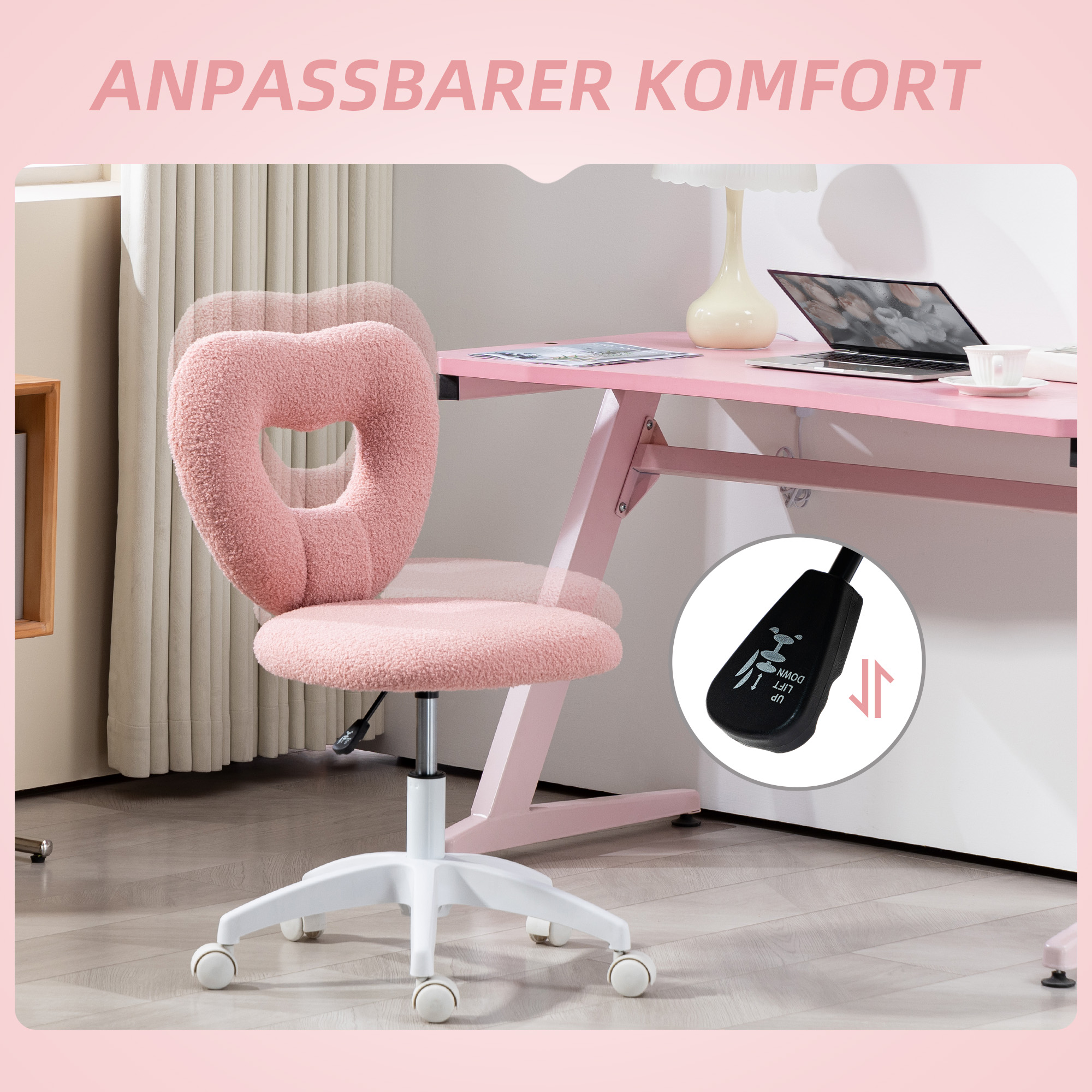 Schreibtischstuhl, Bürostuhl, Herzförmige Rückenlehne, gepolstert, Rosa