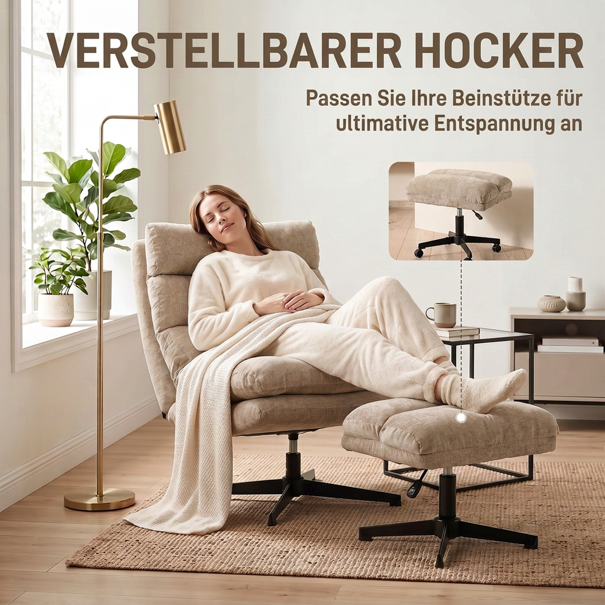 Loungesessel mit Fußhocker, drehbarer Chenille-Sessel mit höhenverstellbarem Fußhocker, dicker Polsterung und breiter Sitzfläche, Braun