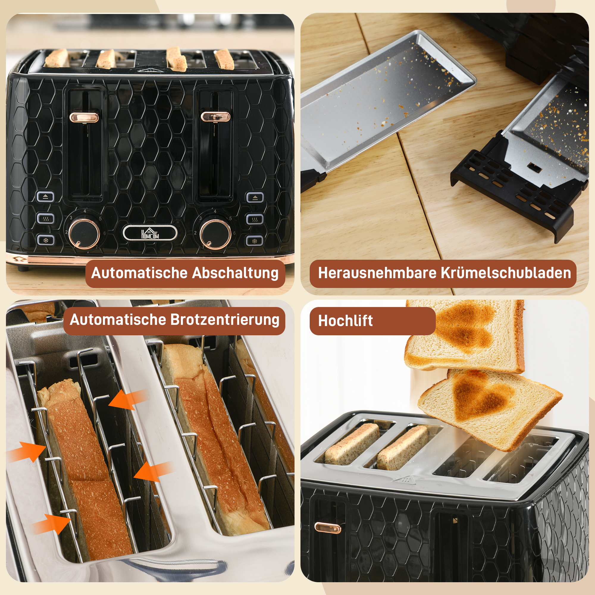 4-Scheiben-Toaster mit 7 Bräunungsstufen, High-Lift, Aufwärmen/Auftauen/Abbrechen, 1860W, Schwarz mit Wabenstruktur