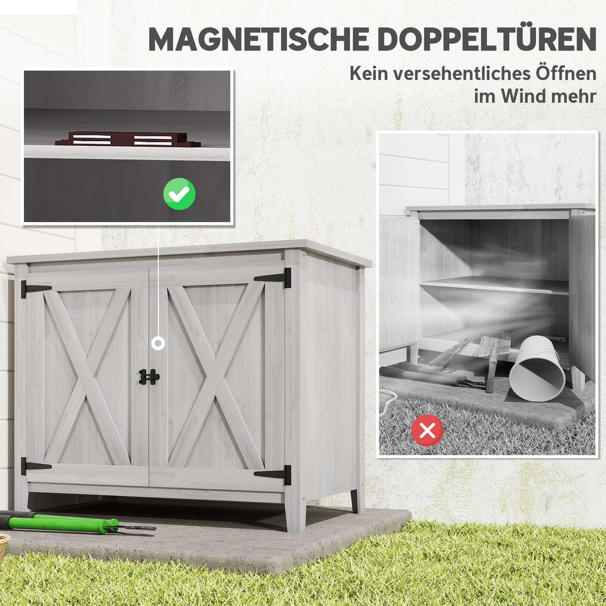 Gartenschrank, Holzschrank für Gartengeräte, Outdoor-Schrank für Terrasse, mit Doppeltüren, Scheunendesign, Hellgrau