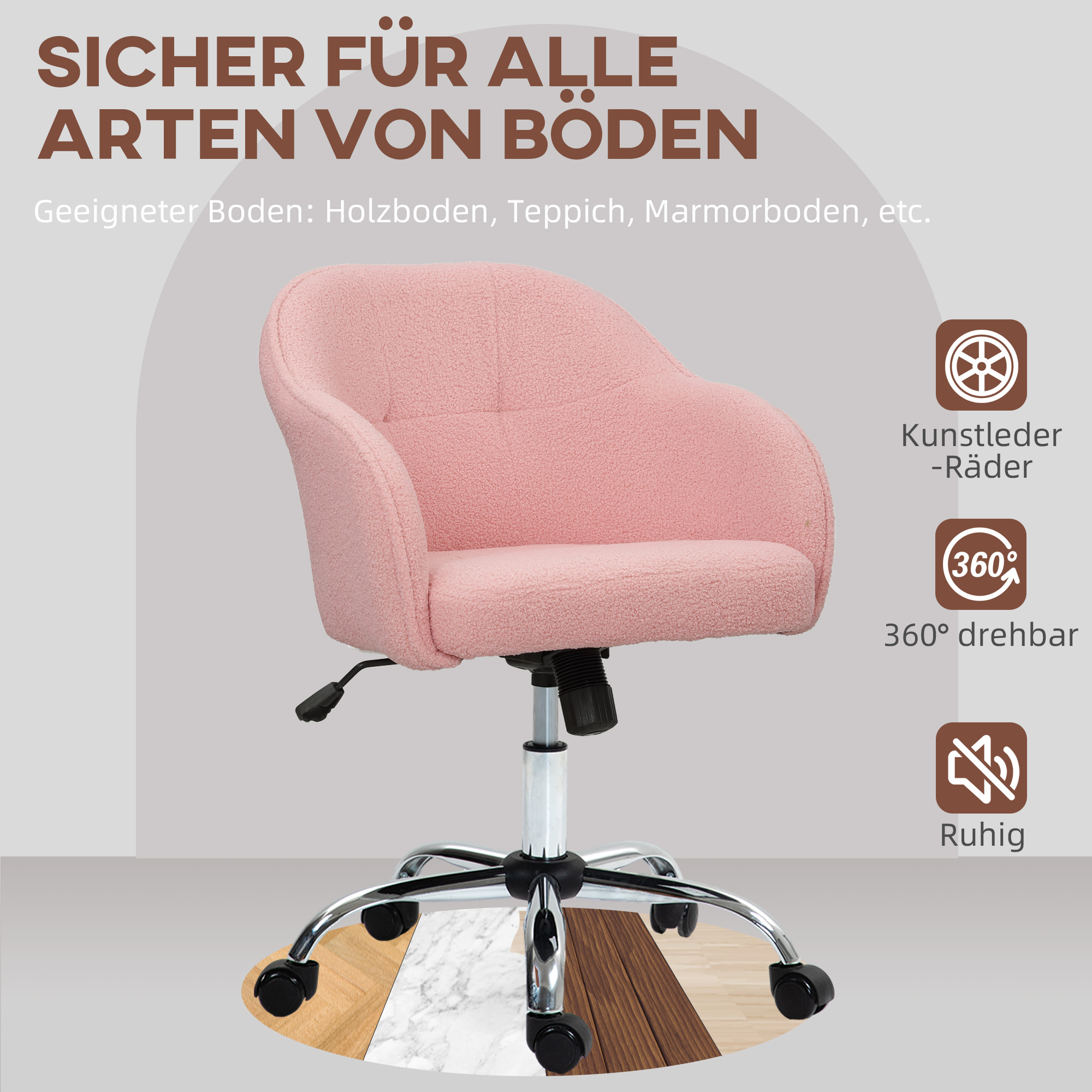 Homeoffice Stuhl, Ergonomisch Schreibtischstuhl mit Wippfunktion, Teddysamtoptik 56 x 61 x 86 cm Rosa