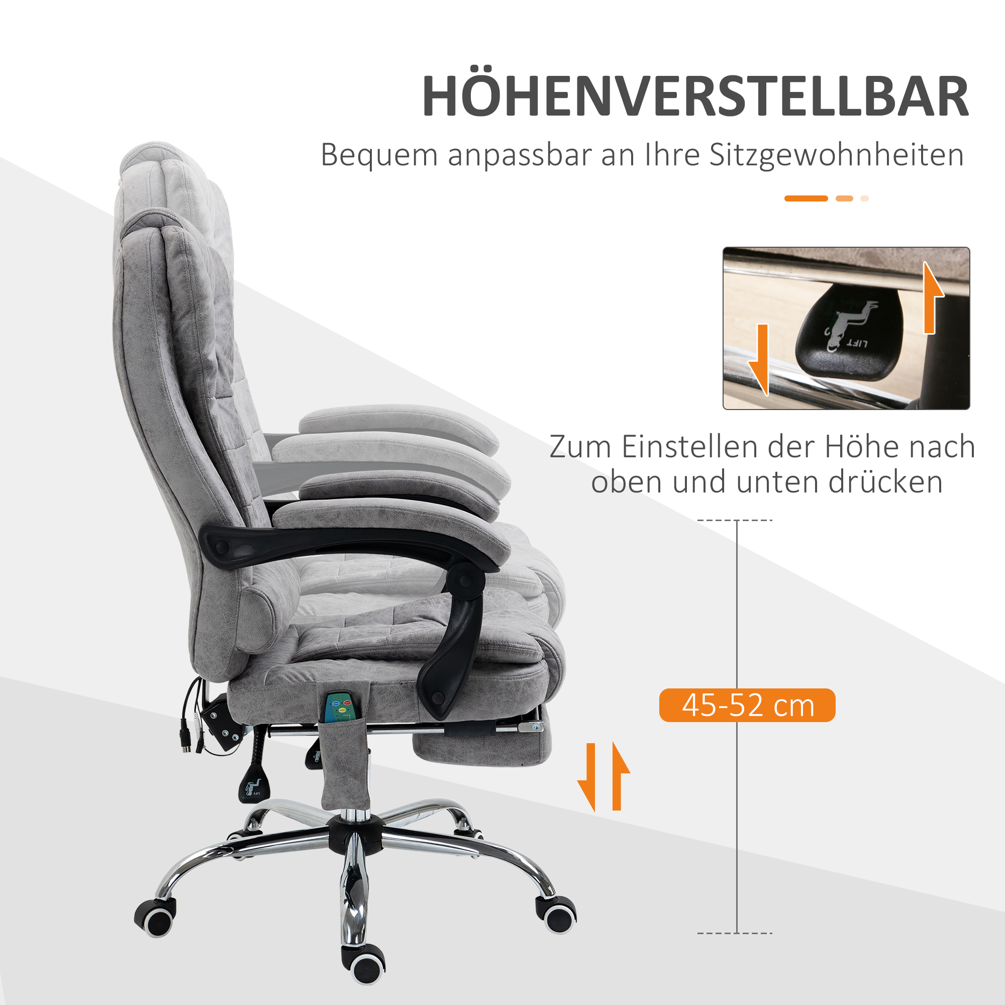 Bürostuhl mit Massagefunktion, Ergonomischer Schreibtischstuhl mit Liege- & Wärmefunktion, Fernbedienung, Grau