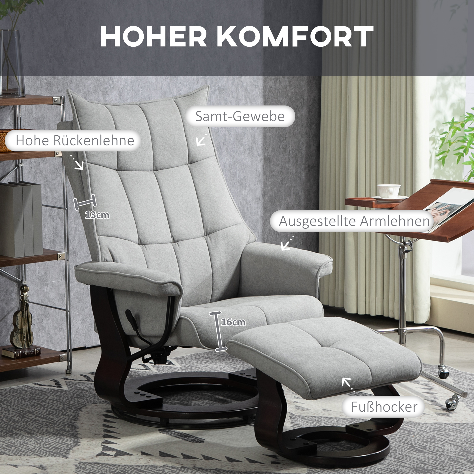 Relaxsessel mit Hocker, drehbar, Wippfunktion, verstellbare Rückenlehne, bis 150 kg, Grau