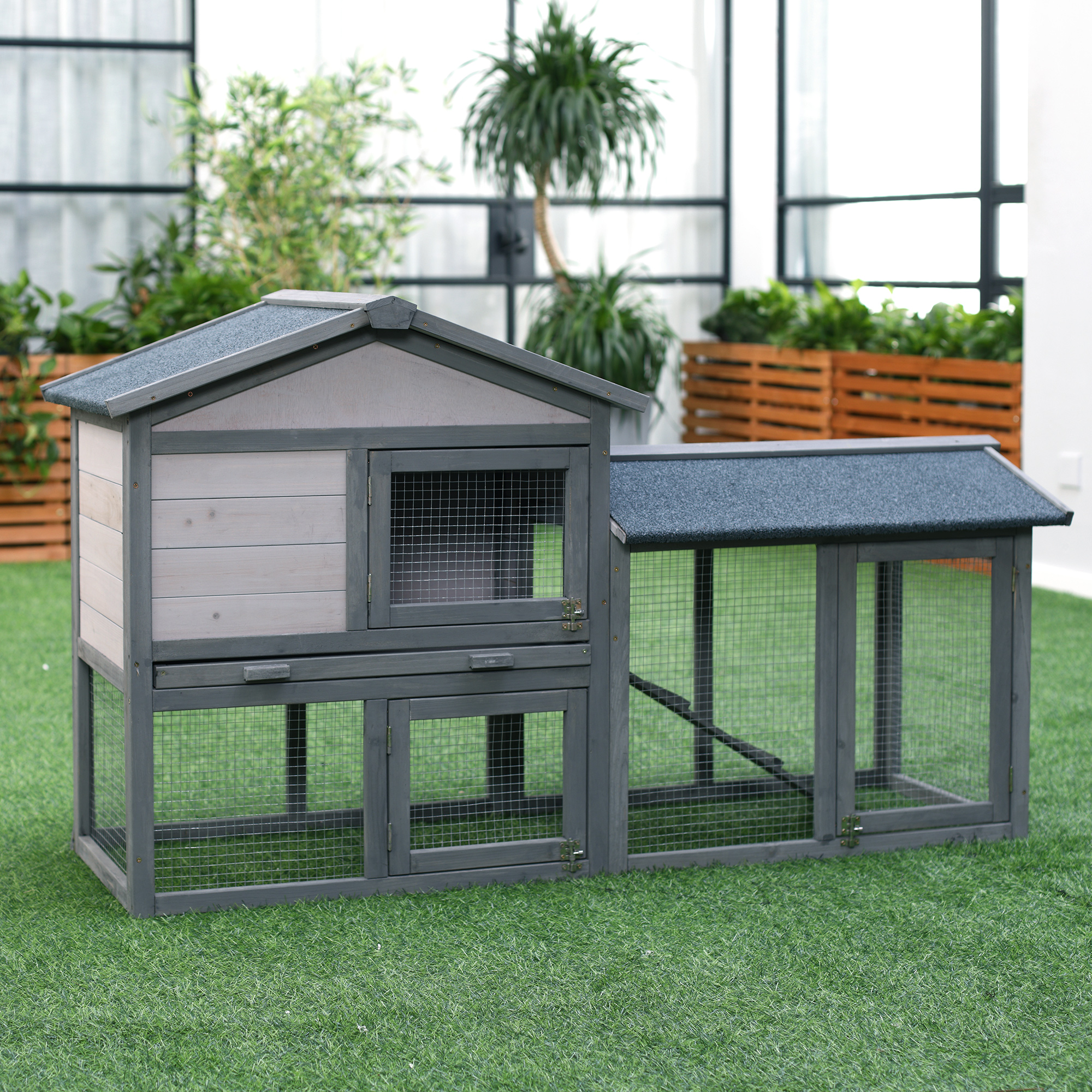 Kleintierstall mit Freilauf Kleintierkäfig Meerschweinchenstall MeerschweinchenKäfige für draußen Kleintierhaus Tannenholz Dunkelgrau 147 x 54 x 84 cm