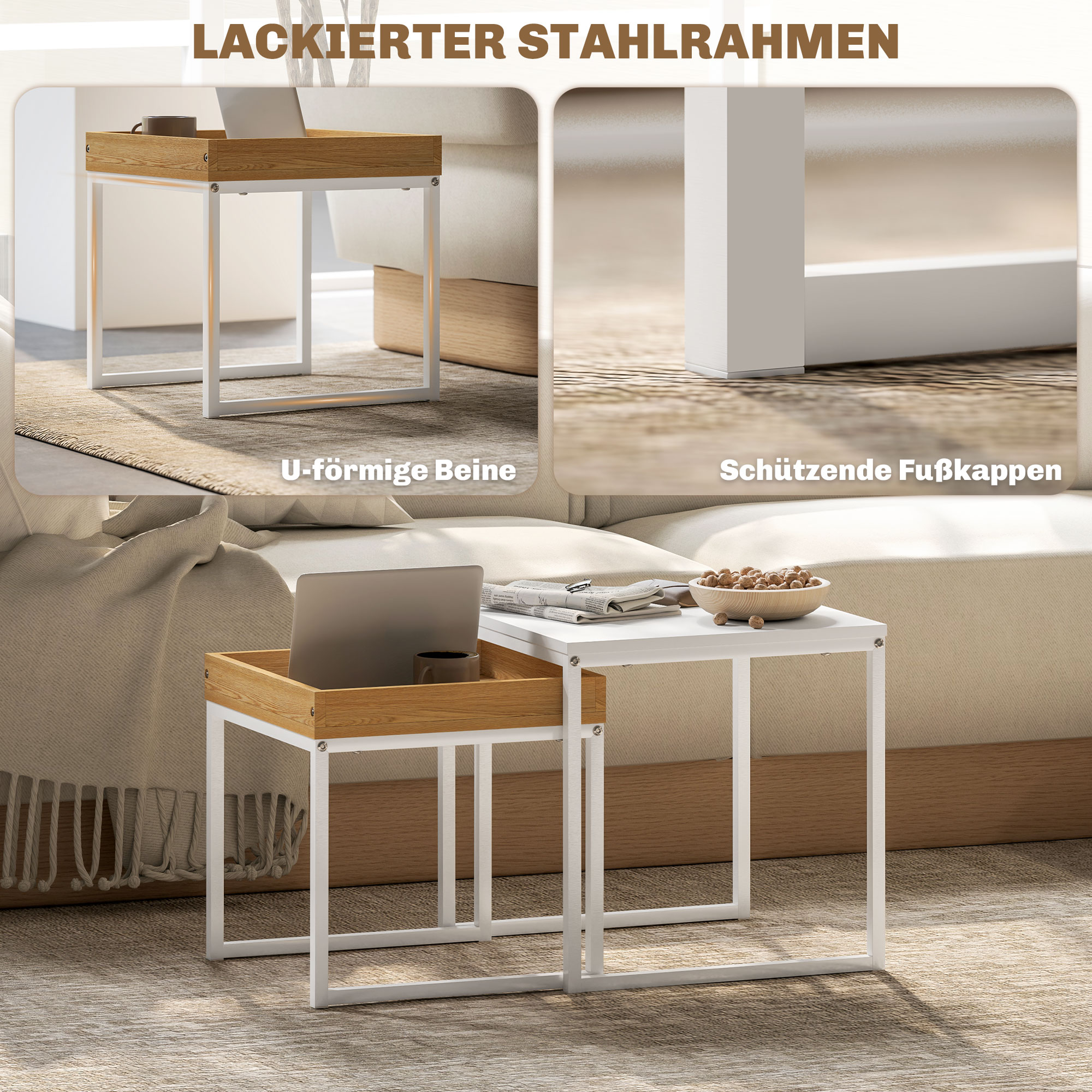 moderner Couchtisch, 2er-Set Sofatisch, für kleine Räume, Quadratisch, MDF, Metall, Weiß