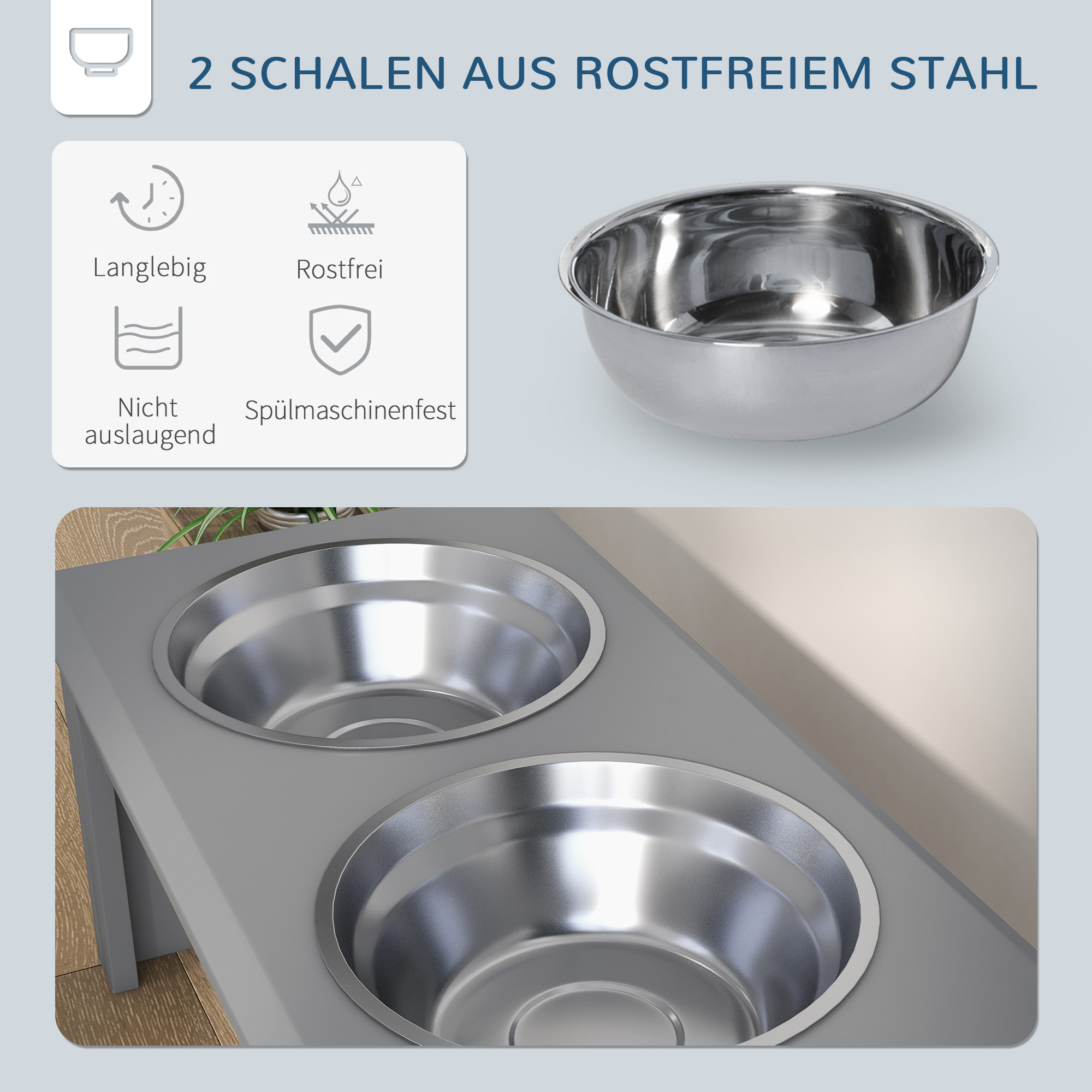 Hunde-Futterstation, 2 Edelstahlnäpfe, rutschfest, 58,4x30,5x25,4cm, Grau