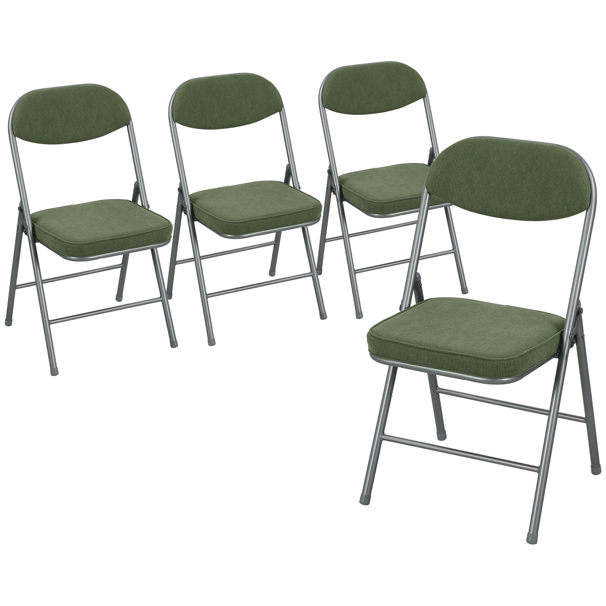4er-Set gepolsterte Klappstühle, Faltbare Stühle mit Cordbezug, Rückenlehne, Metallrahmen, Grün